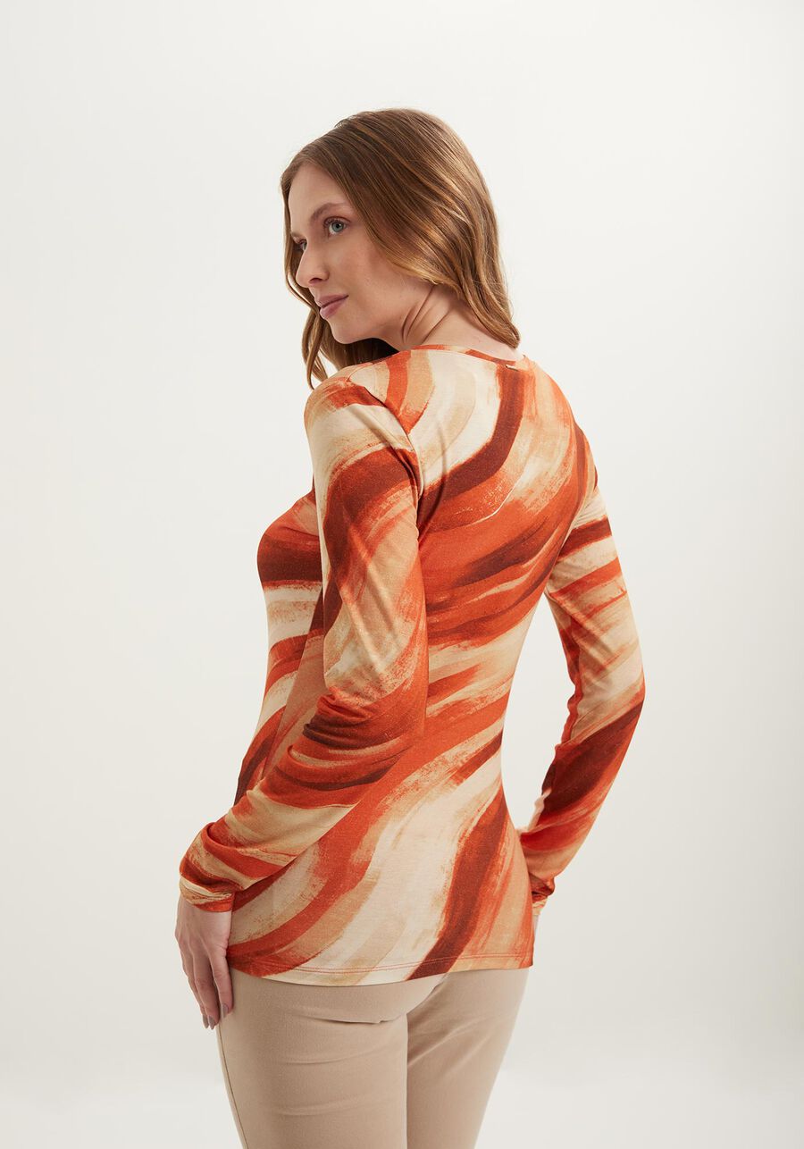 Blusa Estampada De Mangas Longas Em Malha De Viscose, ART LARANJA. Blusa Estampada De Mangas Longas Em Malha De Viscose, ART LARANJA, large.