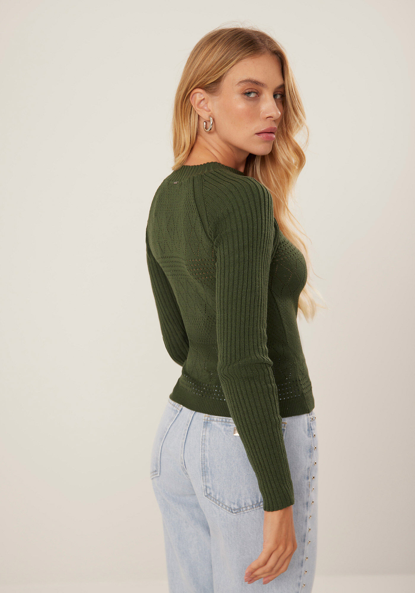 Blusa Manga Longa em Tric&ocirc; com Detalhe Trama, VERDE IMENSIDAO, large.