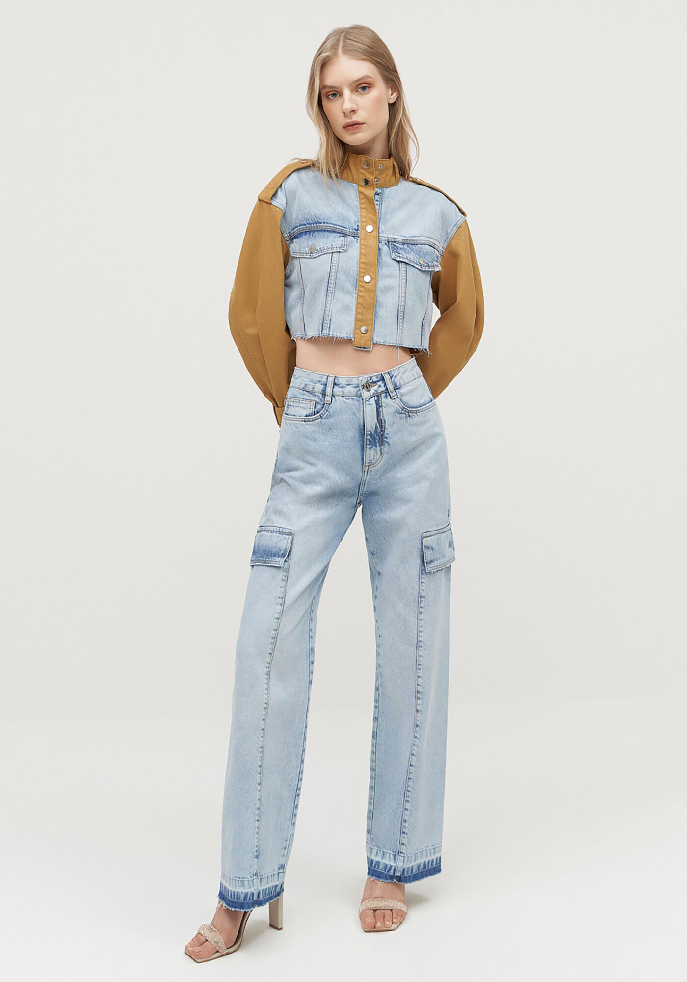 Jaqueta Jeans Cropped Duo com Manga Bufante, , large.