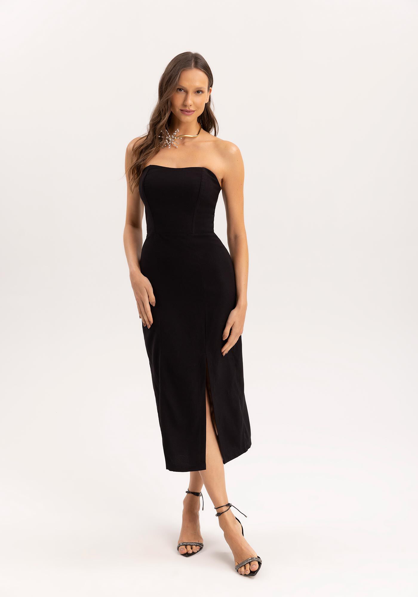 Vestido Midi Tomara Que Caia com Fenda, , large.