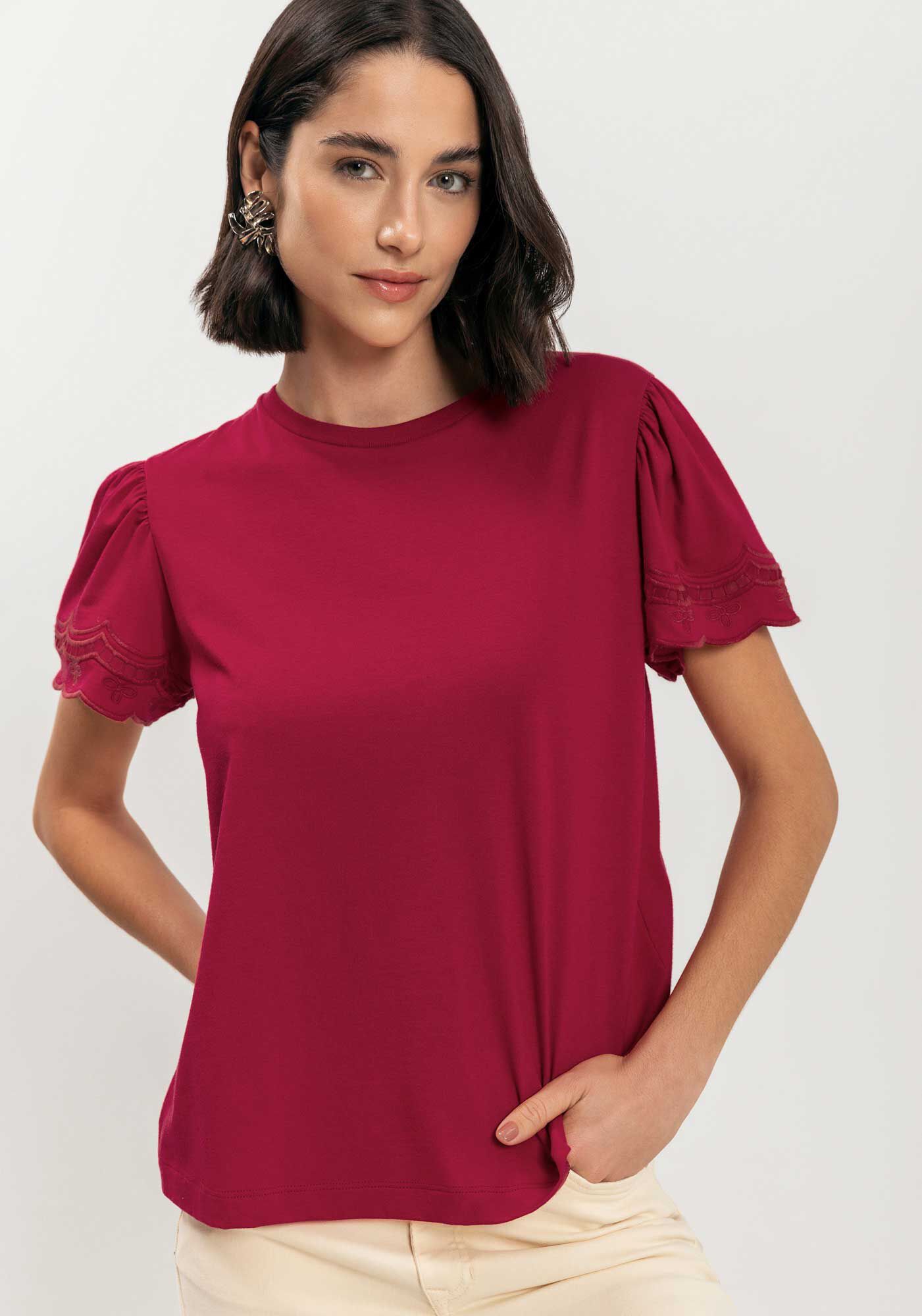 Blusa T-shirt Com Mangas Curtas Bordadas Em Algod&atilde;o Penteado, , large.