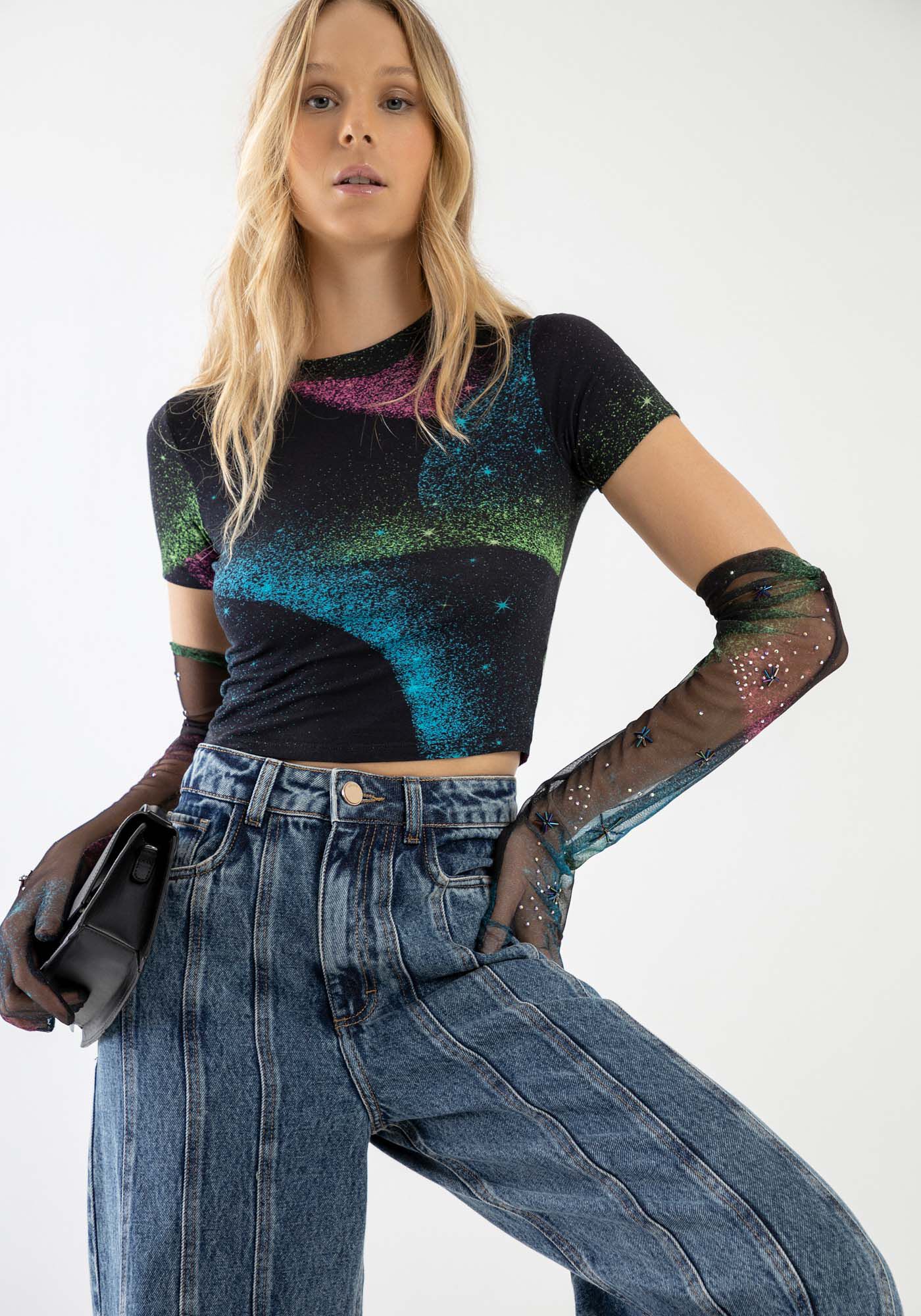 Blusa Cropped Justa em Malha Estampada, , large.