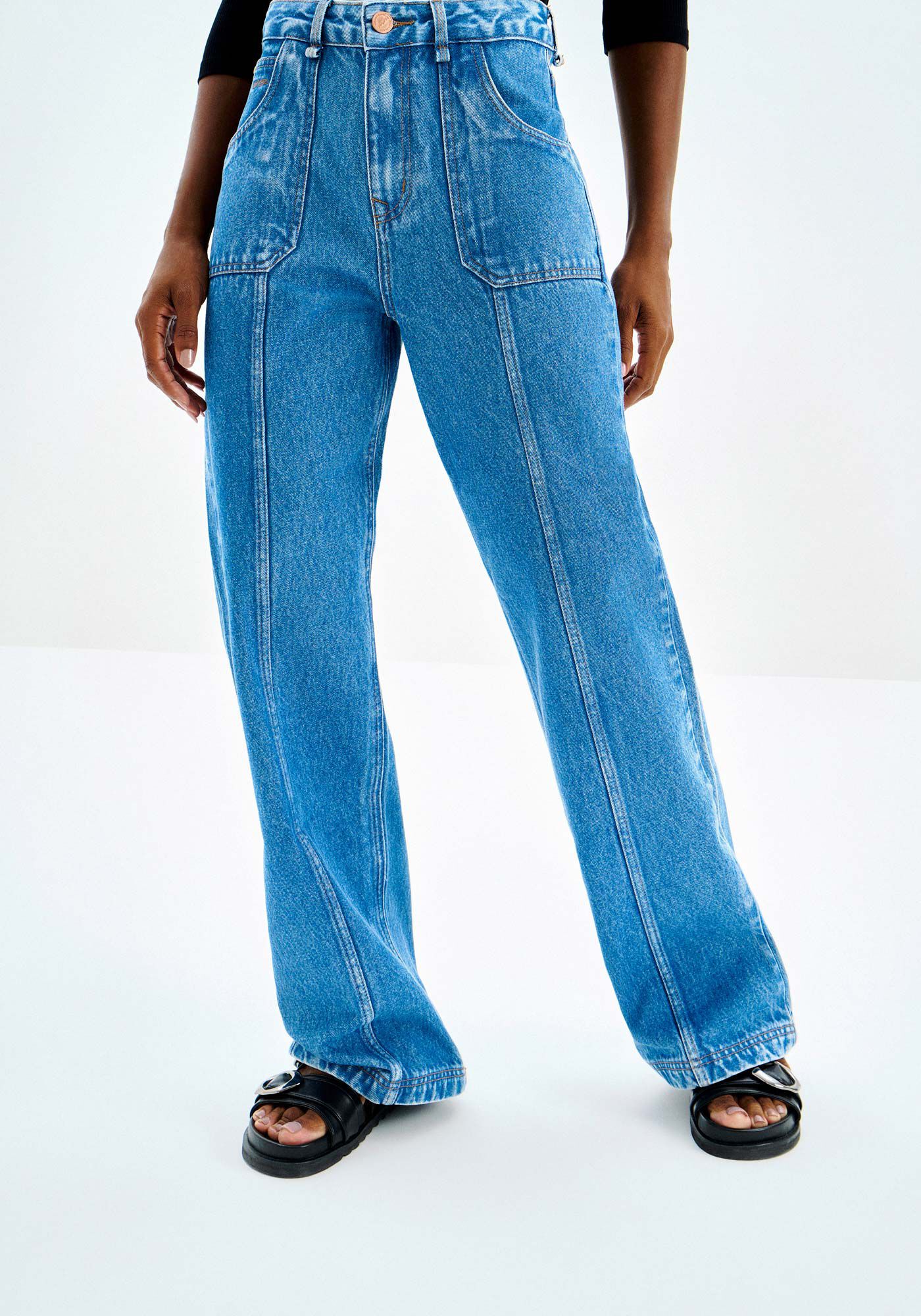 Cal&ccedil;a Jeans Wide Leg Cintura Alta com Recortes, JEANS, large.