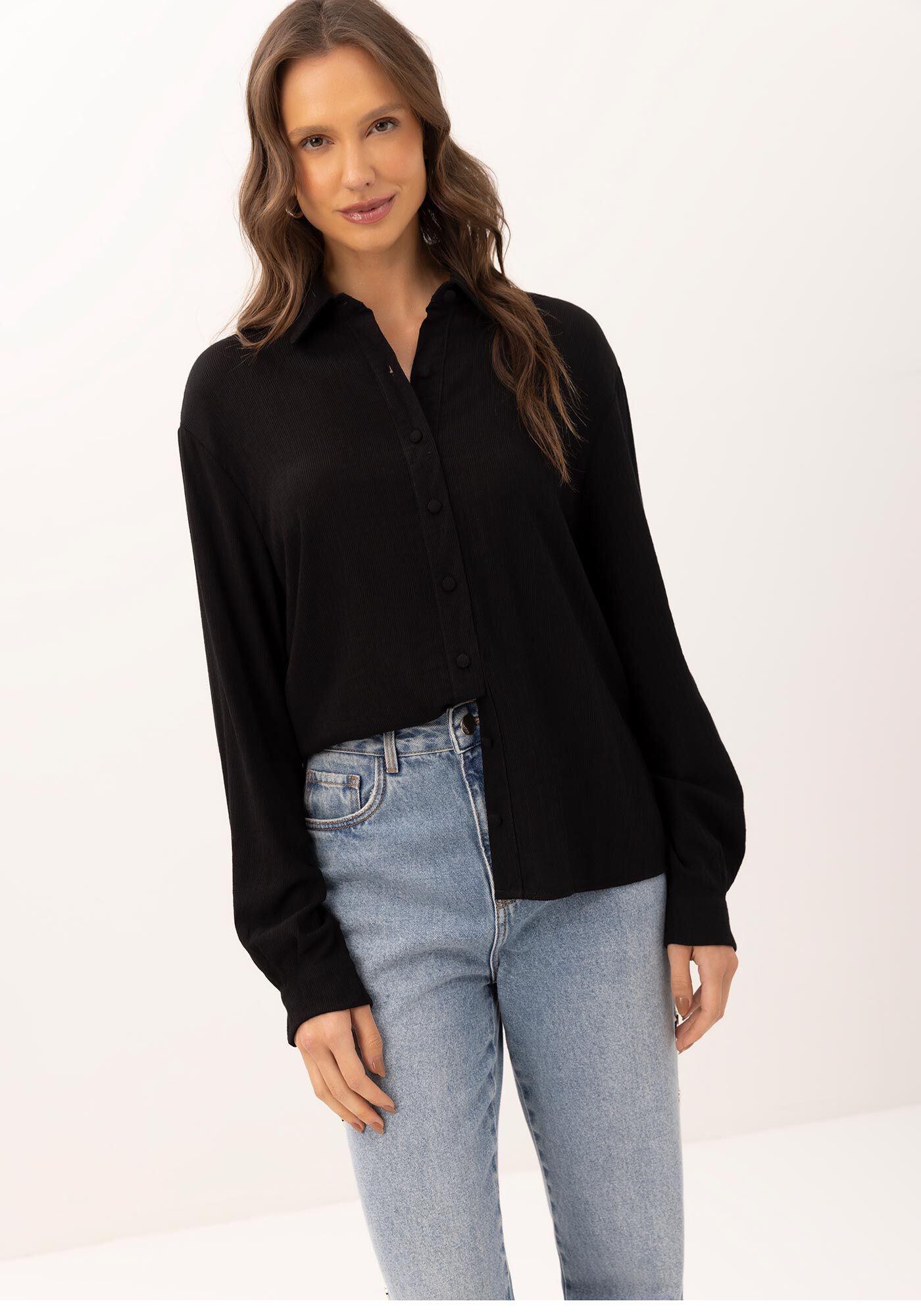 Camisa Manga Longa Alfaiataria em Viscose Texturizada, , large.