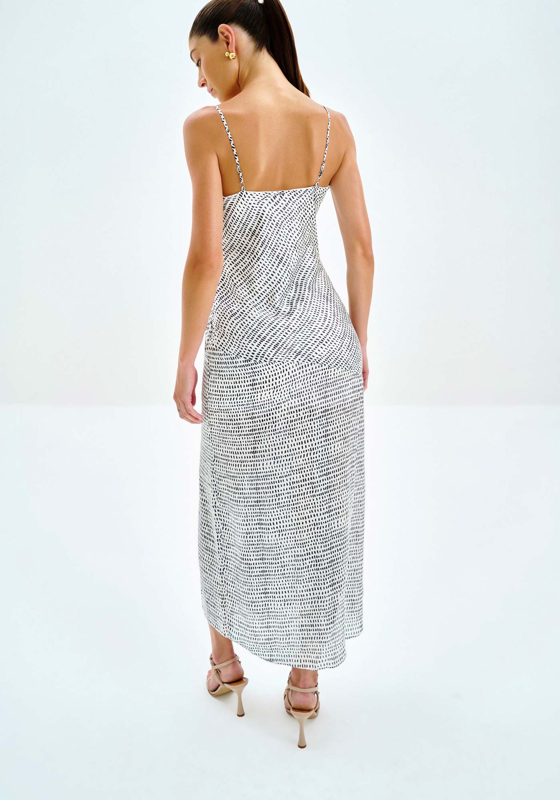 Vestido Midi Estampado em Chiffon com Fenda, PONTOS. Vestido Midi Estampado em Chiffon com Fenda, PONTOS, large.