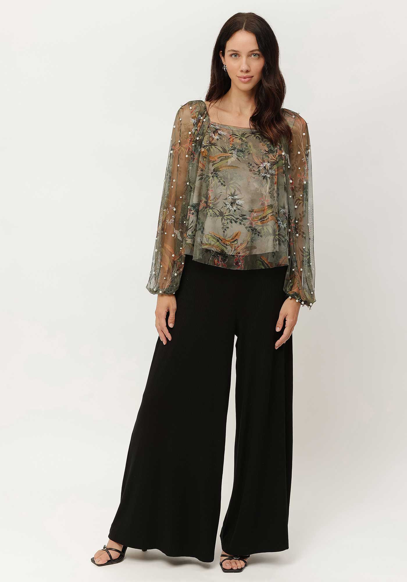 Blusa Estampada com em Tule com P&eacute;rolas, , large.
