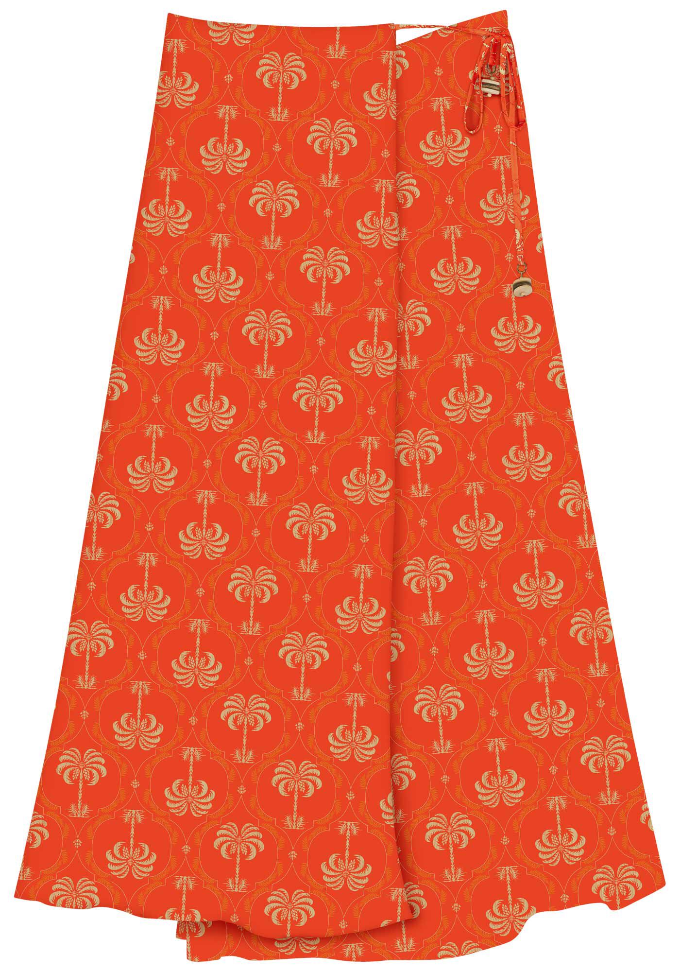Saia Estampada Ch&aacute; De Cintura Alta Com Amarra&ccedil;&atilde;o, MAXI PALM LARANJA, large.