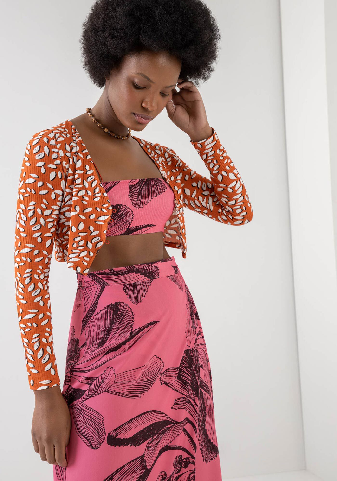 Cardigan Cropped Canelado Estampado com Top, , large.