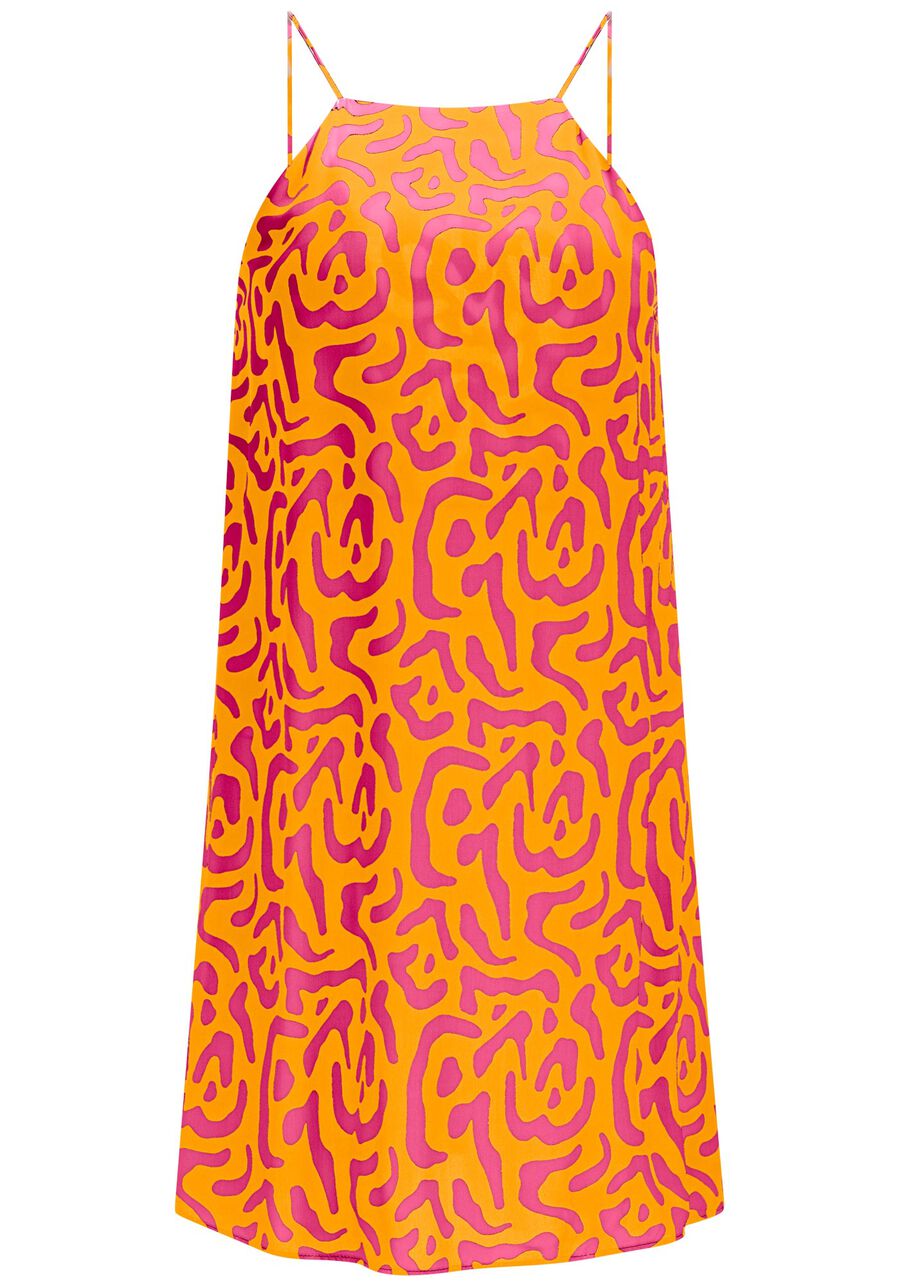 Vestido Curto Halter Neck em Viscose Estampada, . Vestido Curto Halter Neck em Viscose Estampada, , large.