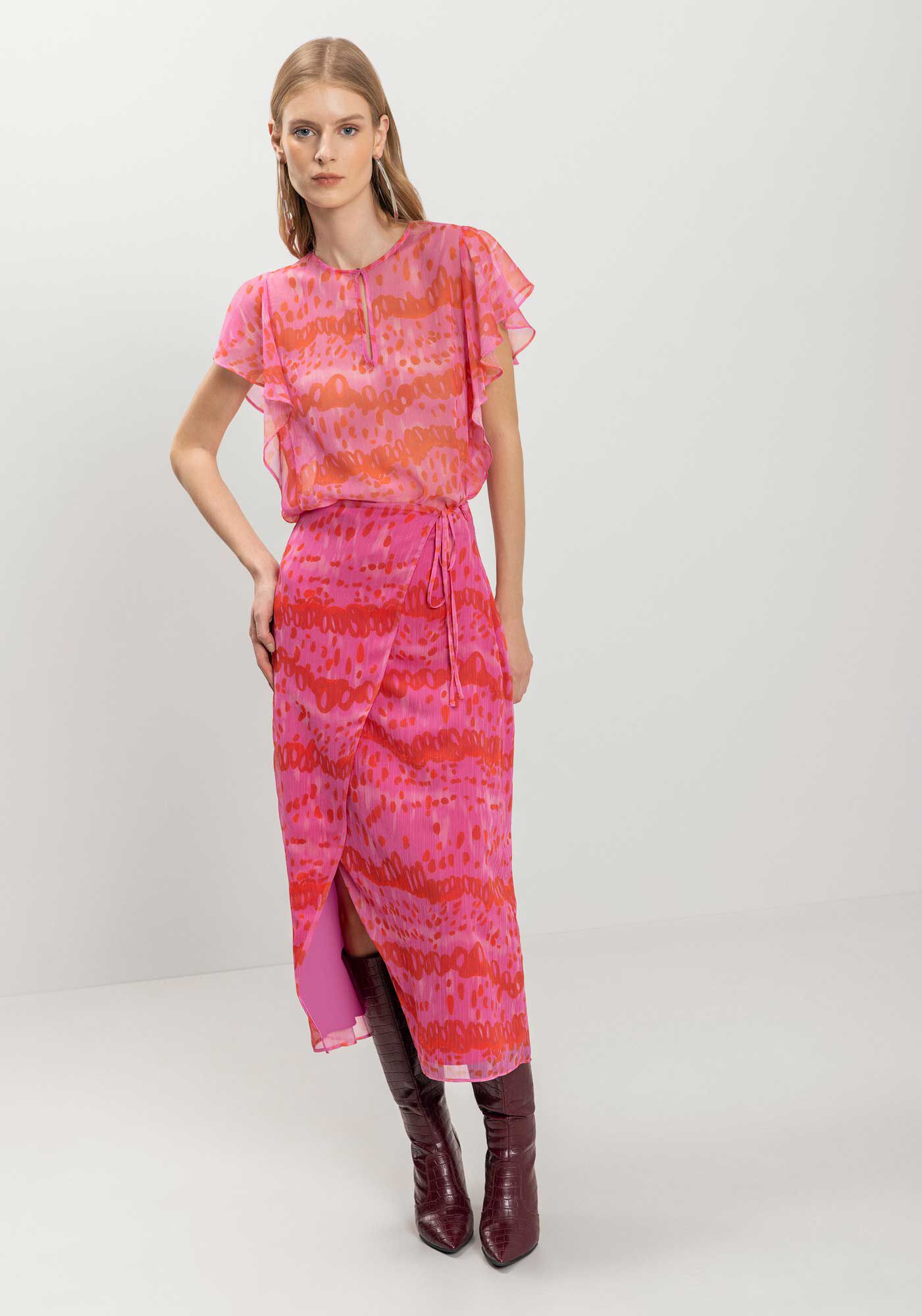 Saia Estampada Ch&aacute; Com Cintura Alta E Transpar&ecirc;ncia, COLOR SKIN ROSA, large.