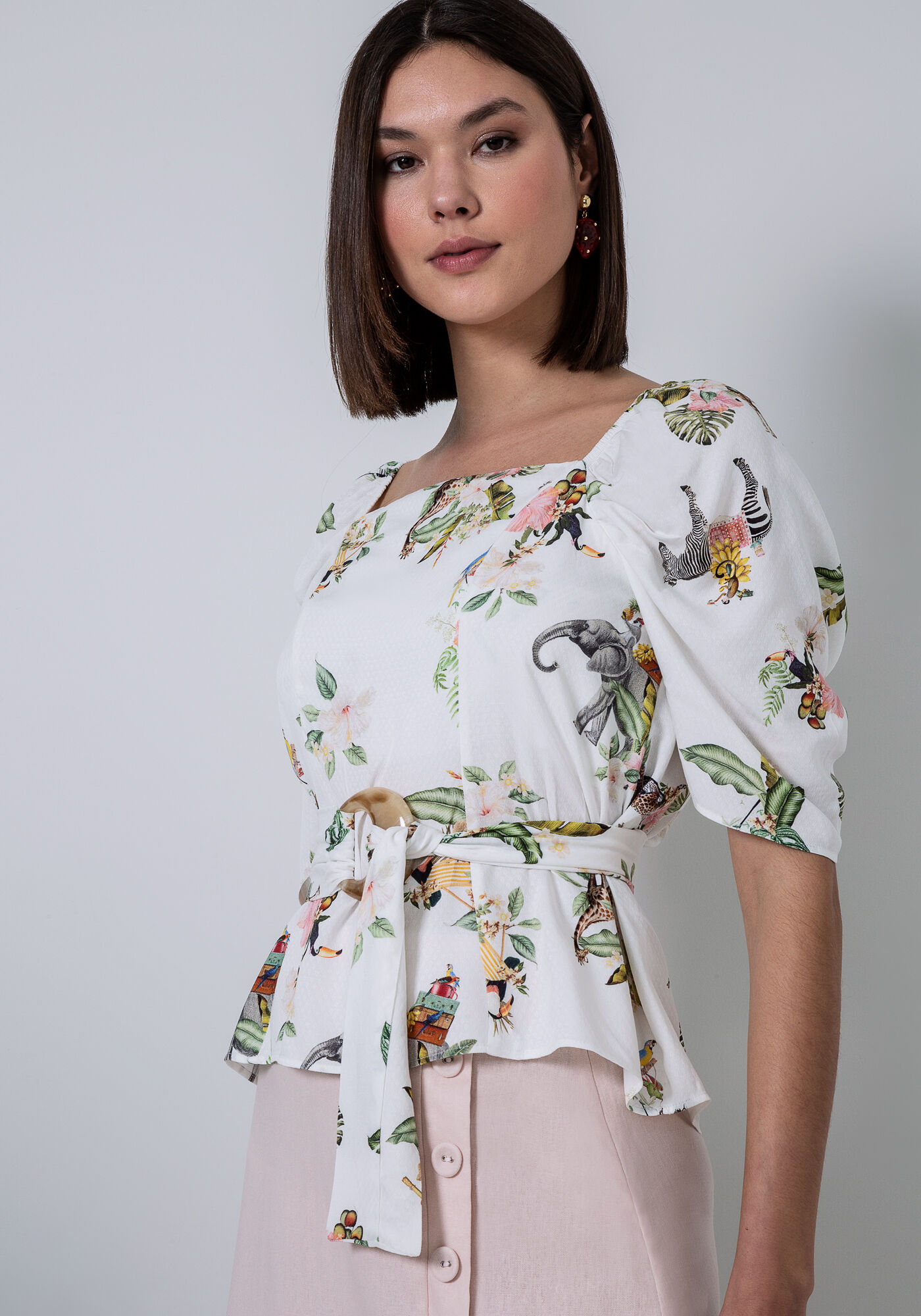 Blusa El&aacute;stico Manga Cinto Estampa, , large.