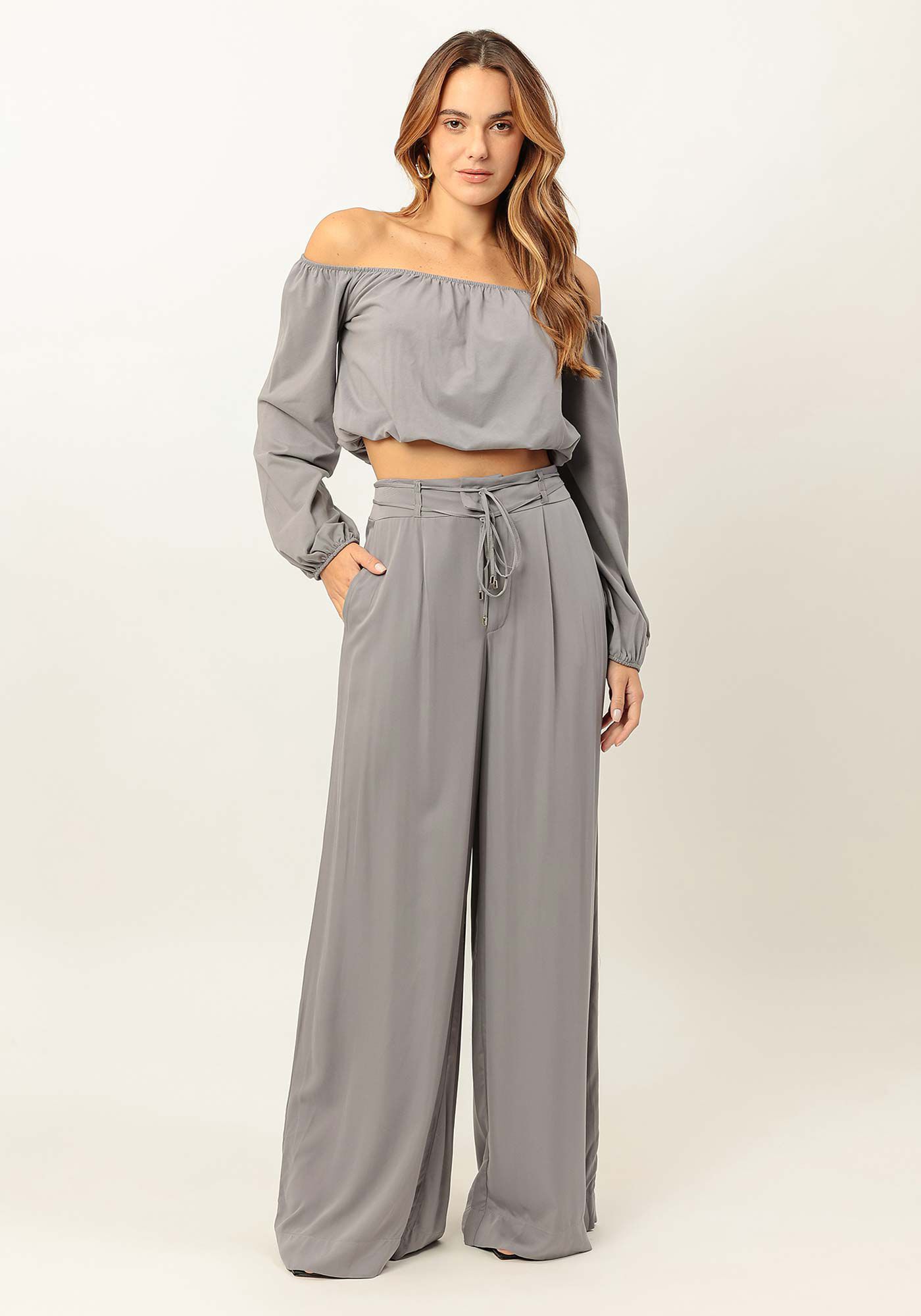 Blusa Manga Longa Cropped Ombro a Ombro, CINZA LAVANDER BLUSH, large.