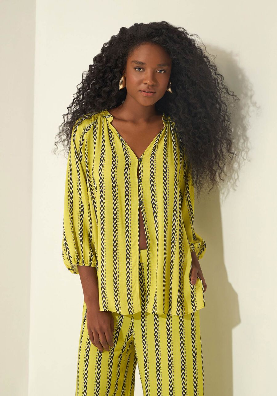 Camisa Alongada Estampada Com Mangas 3/4, VIELAS VERDE. Camisa Alongada Estampada Com Mangas 3/4, VIELAS VERDE, large.