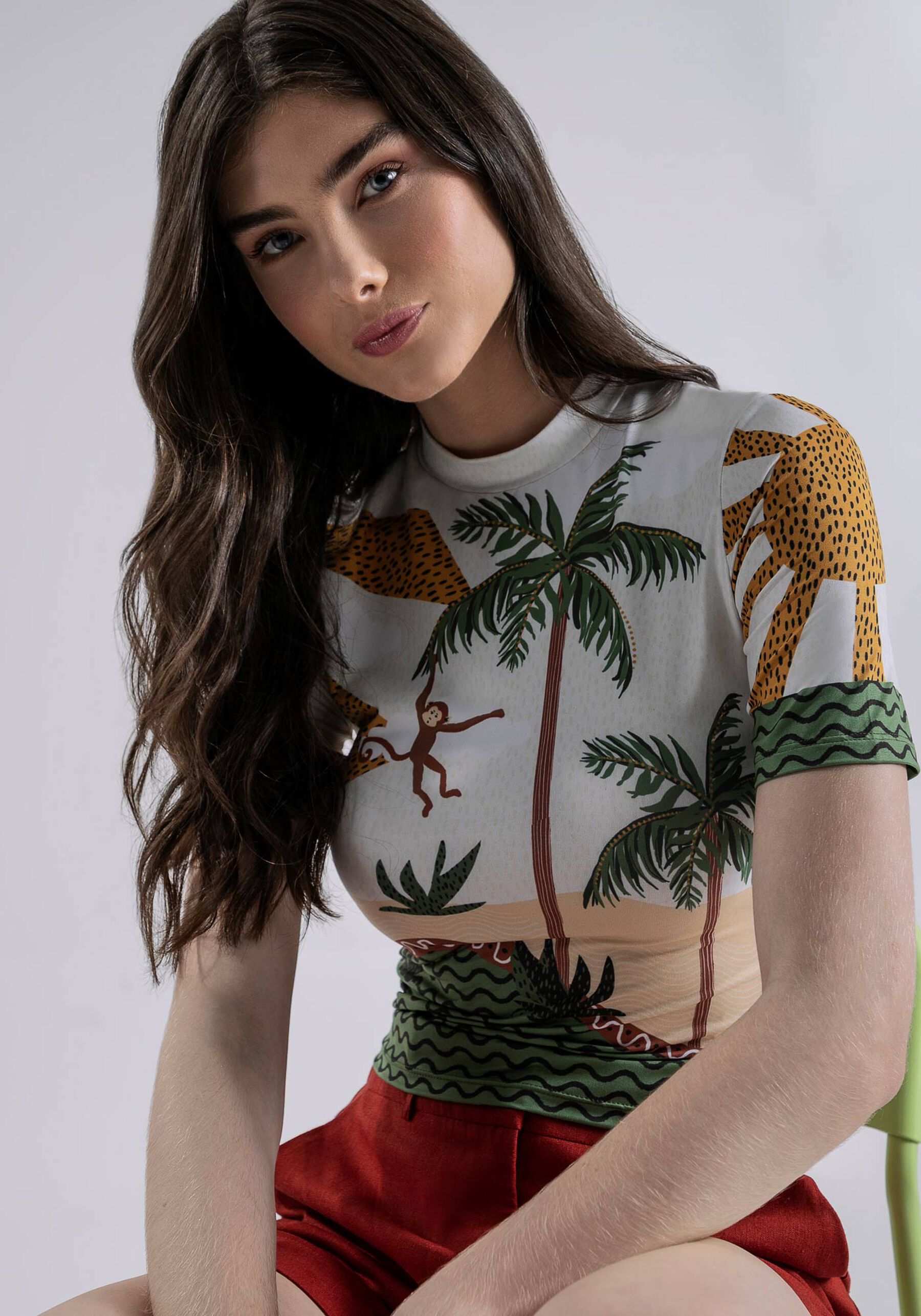 Blusa Manga Curta em Malha Modelli Estampada, TRILHA. Blusa Manga Curta em Malha Modelli Estampada, TRILHA, large.