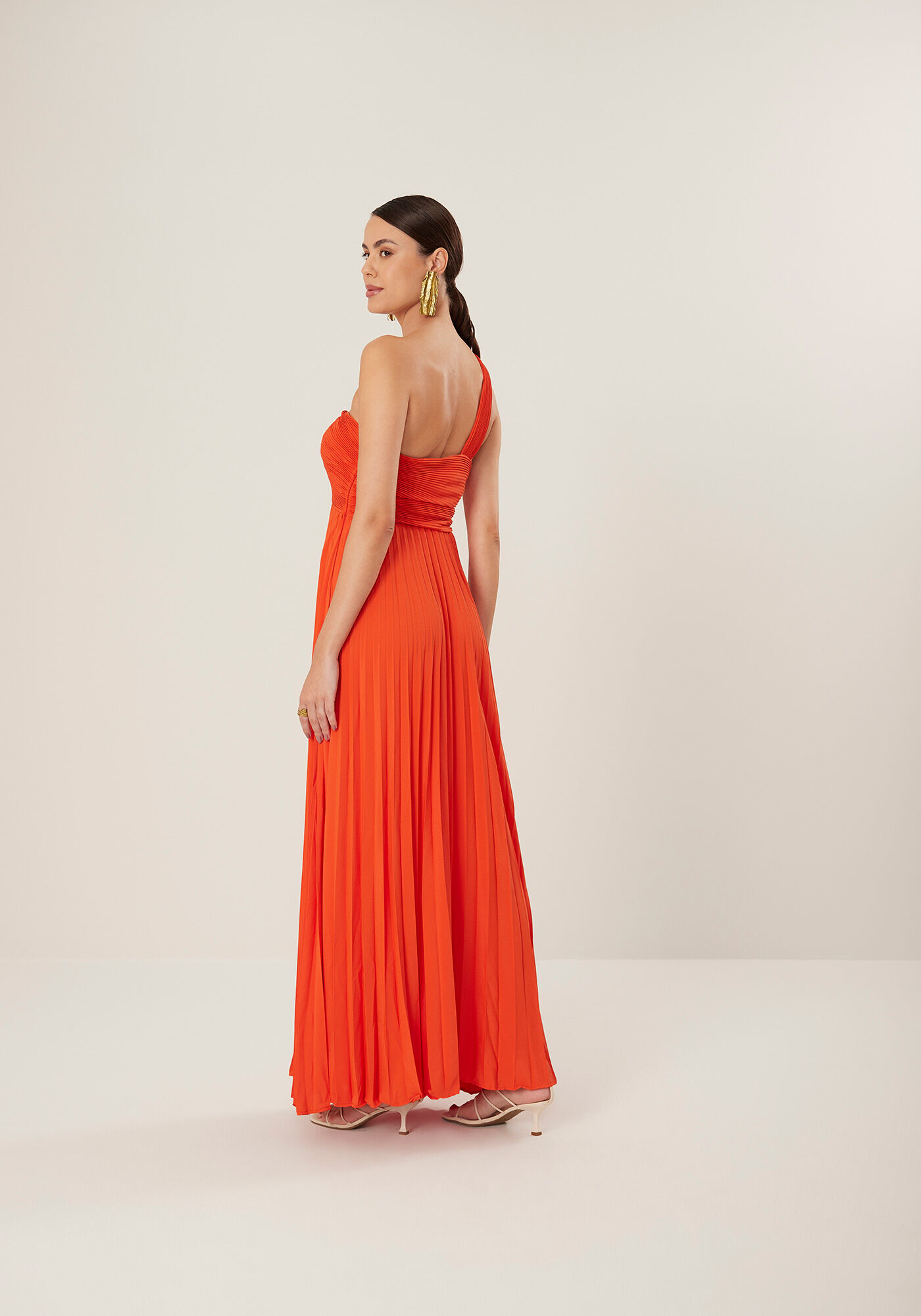 Vestido Longo Plissado De Um Ombro S&oacute; Com Tor&ccedil;&atilde;o Frontal, , large.