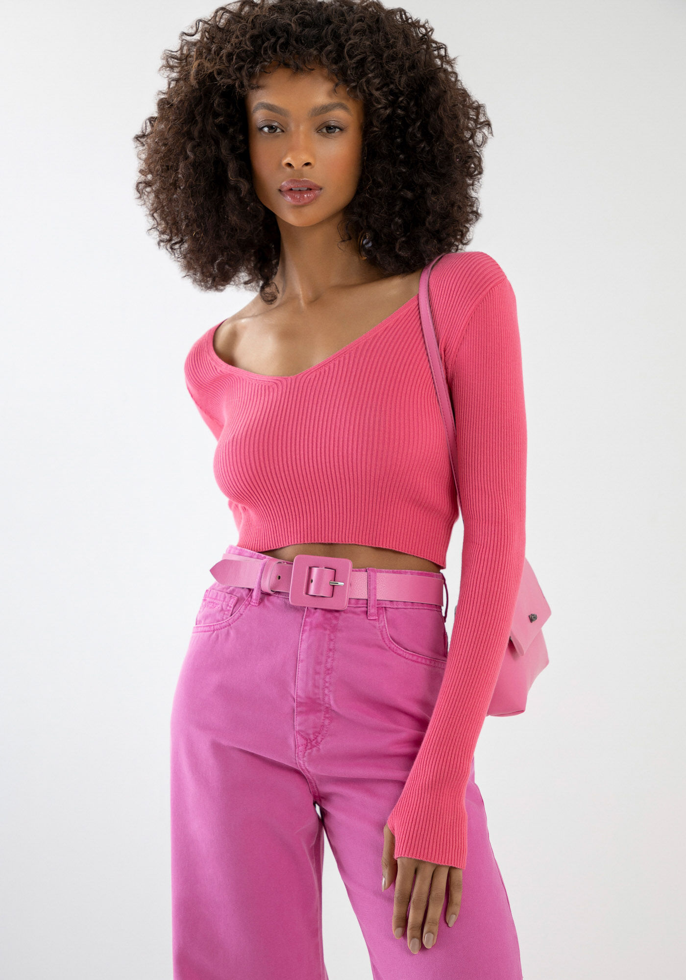 Blusa Manga Longa Tric&ocirc; Cropped e Decote V, ROSA HIGH PINK, large.