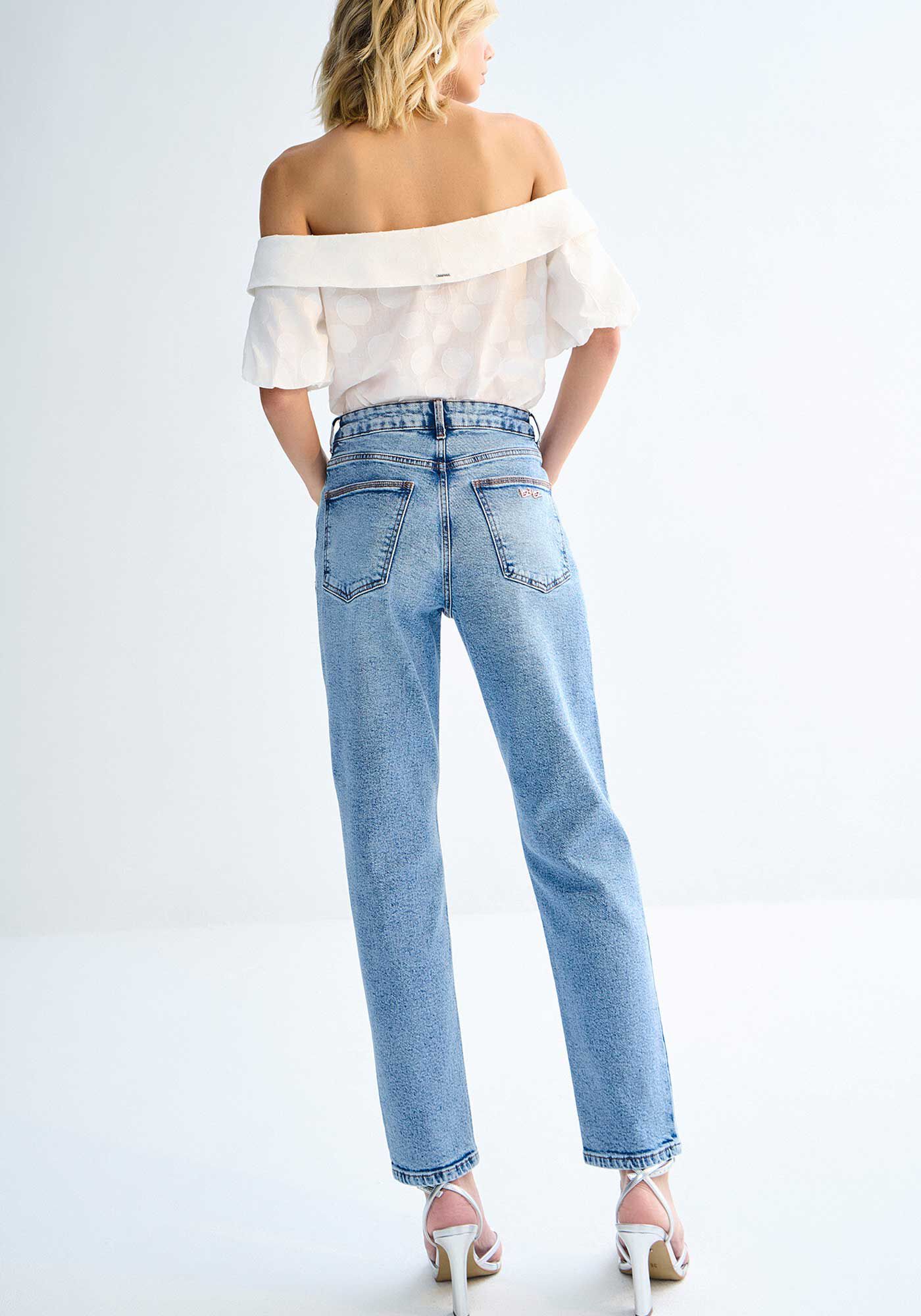 Cal&ccedil;a Jeans Mom Cintura Alta Estonada com Elasticidade, , large.