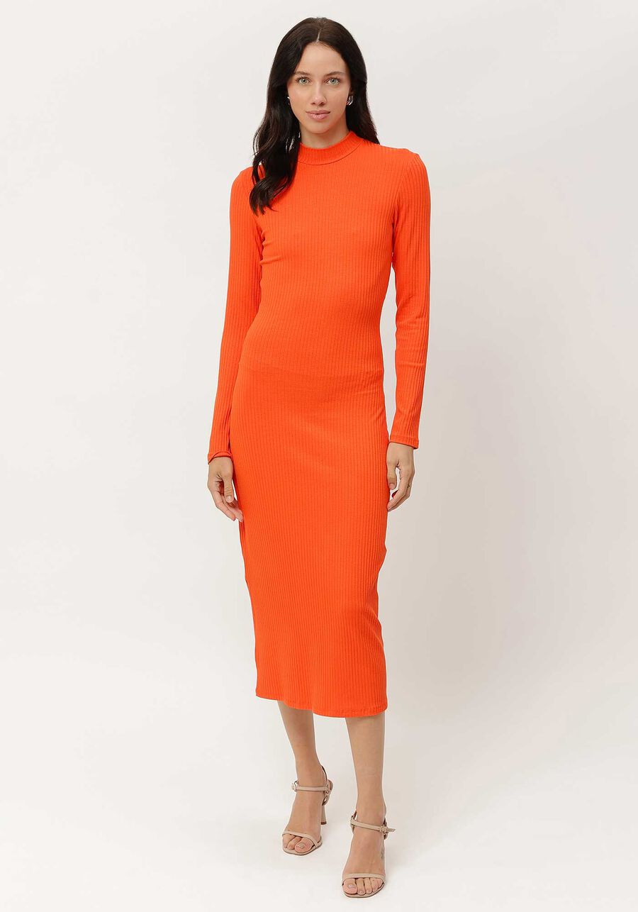 Vestido Midi Manga Longa Canelado com Gola Alta, . Vestido Midi Manga Longa Canelado com Gola Alta, , large.