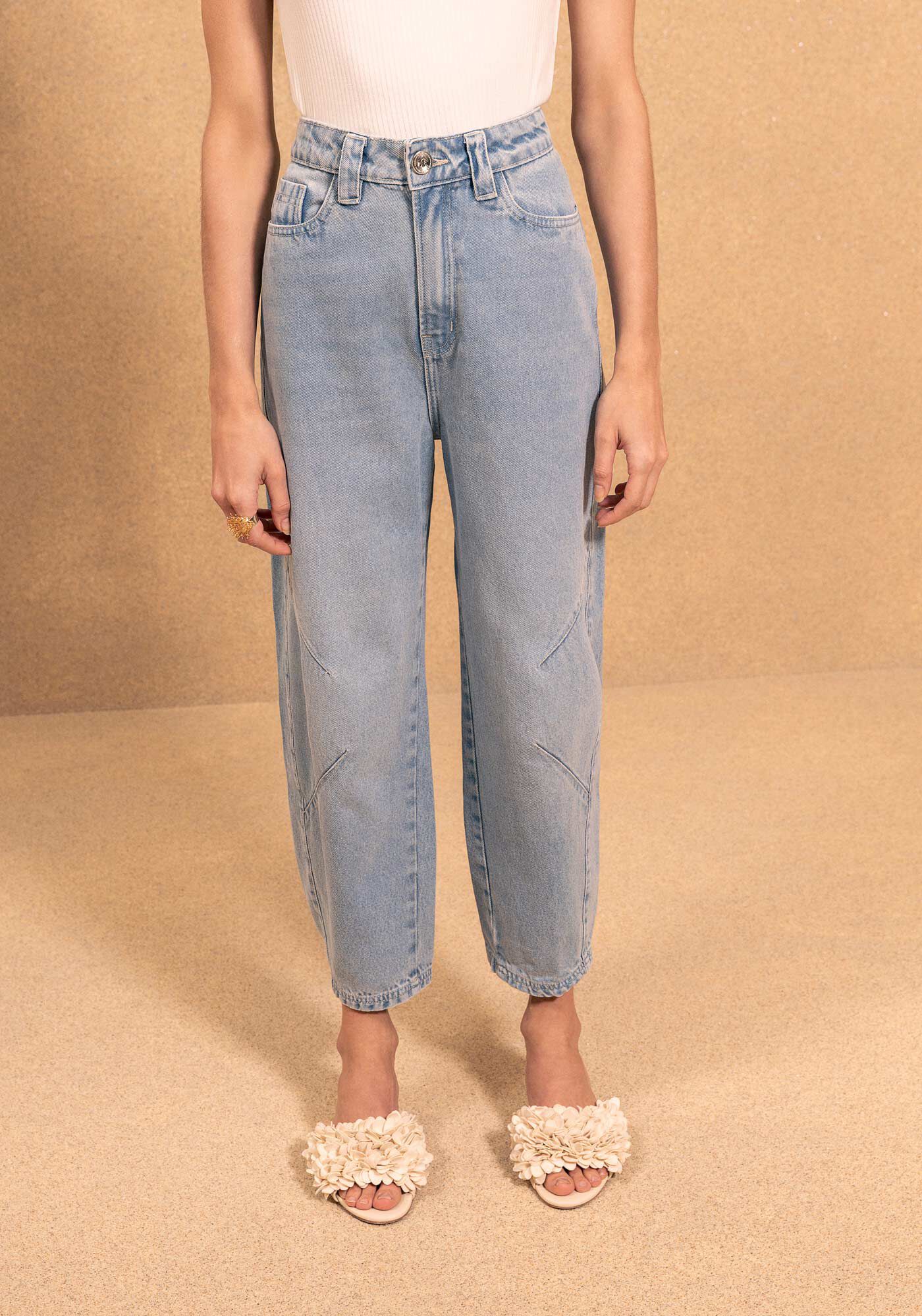 Cal&ccedil;a Jeans Barrel De Cintura Alta Com Recortes, JEANS, large.