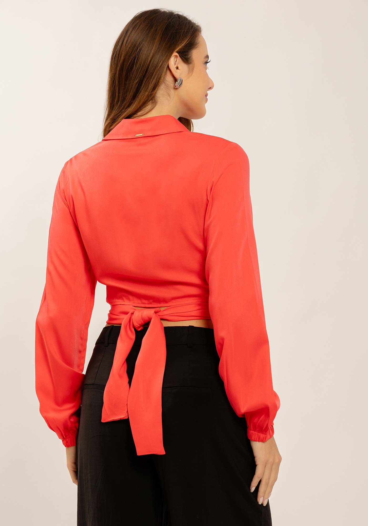 Camisa Cropped Manga Longa Transpassada, , large.