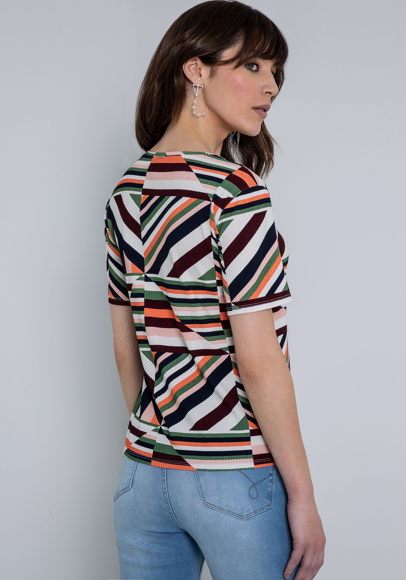 Blusa Manga Curta em Malha Canelada Estampada, , large.