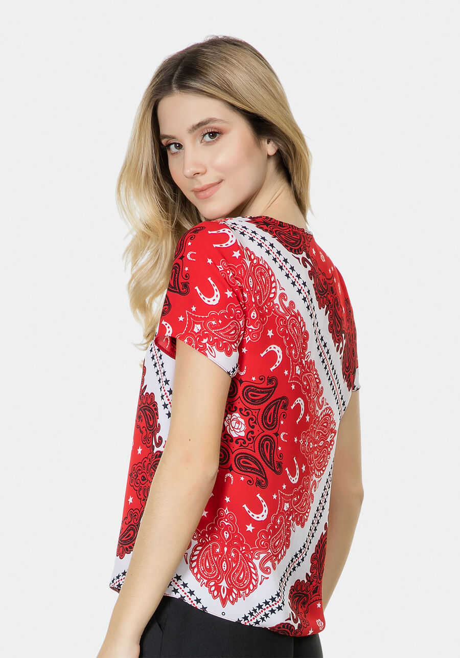 Blusa Estampada Decote V Tecido Bandana, BANDANA. Blusa Estampada Decote V Tecido Bandana, BANDANA, large.