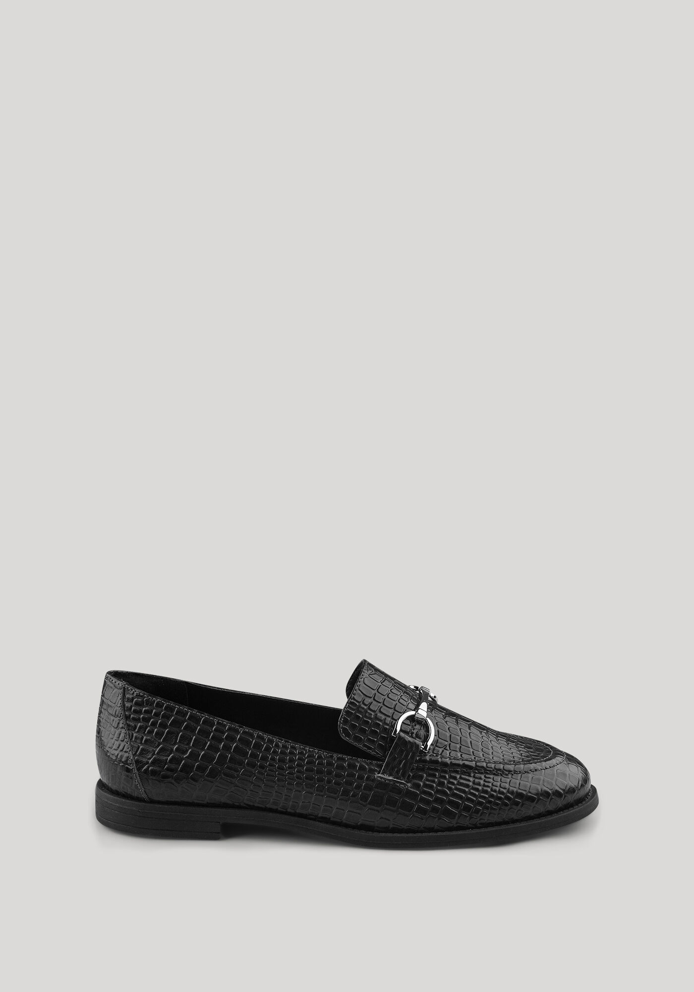 Mocassim Feminino Em Couro Croco Com Solado Baixo, PRETO, large.