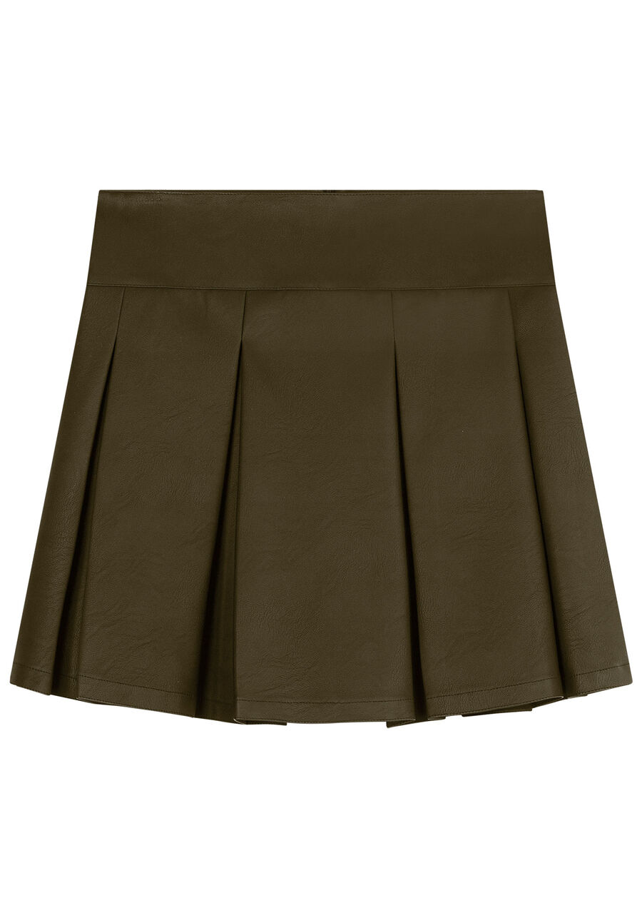 Saia Curta em Pu com Pregas, VERDE TURFA. Saia Curta em Pu com Pregas, VERDE TURFA, large.