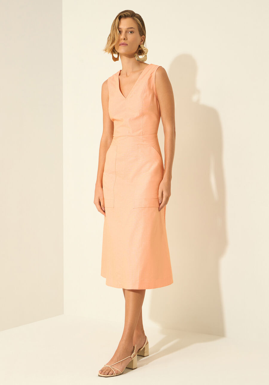 Vestido Midi Em Alfaiataria Com Decote Em V, LARANJA SUMMERTIME. Vestido Midi Em Alfaiataria Com Decote Em V, LARANJA SUMMERTIME, large.