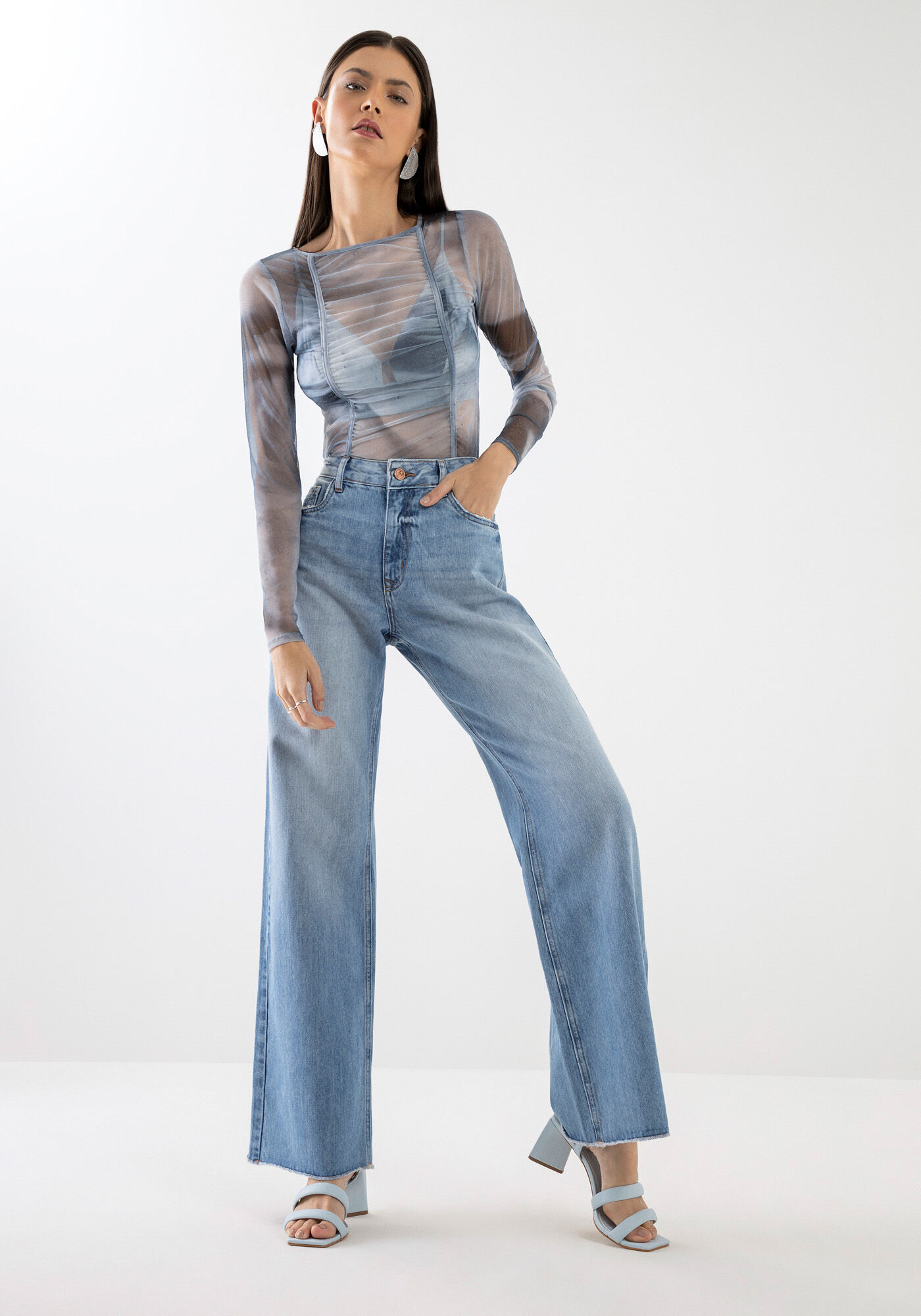 Cal&ccedil;a Jeans Wide Leg Cintura Baixa Estonada, , large.