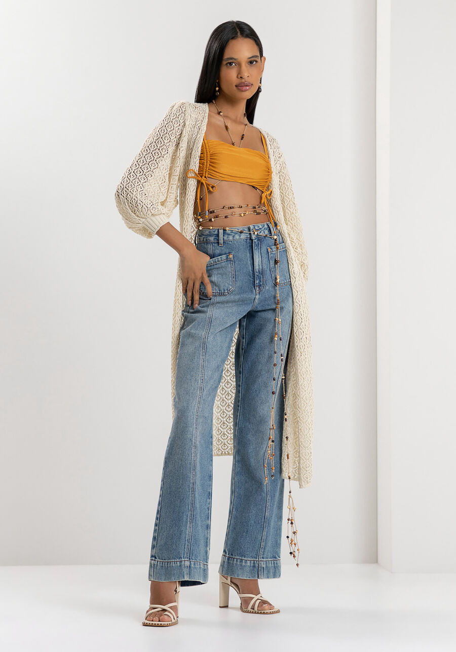 Cardigan Longo em Tricô com Manga Bufante, BEGE VALSA. Cardigan Longo em Tricô com Manga Bufante, BEGE VALSA, large.