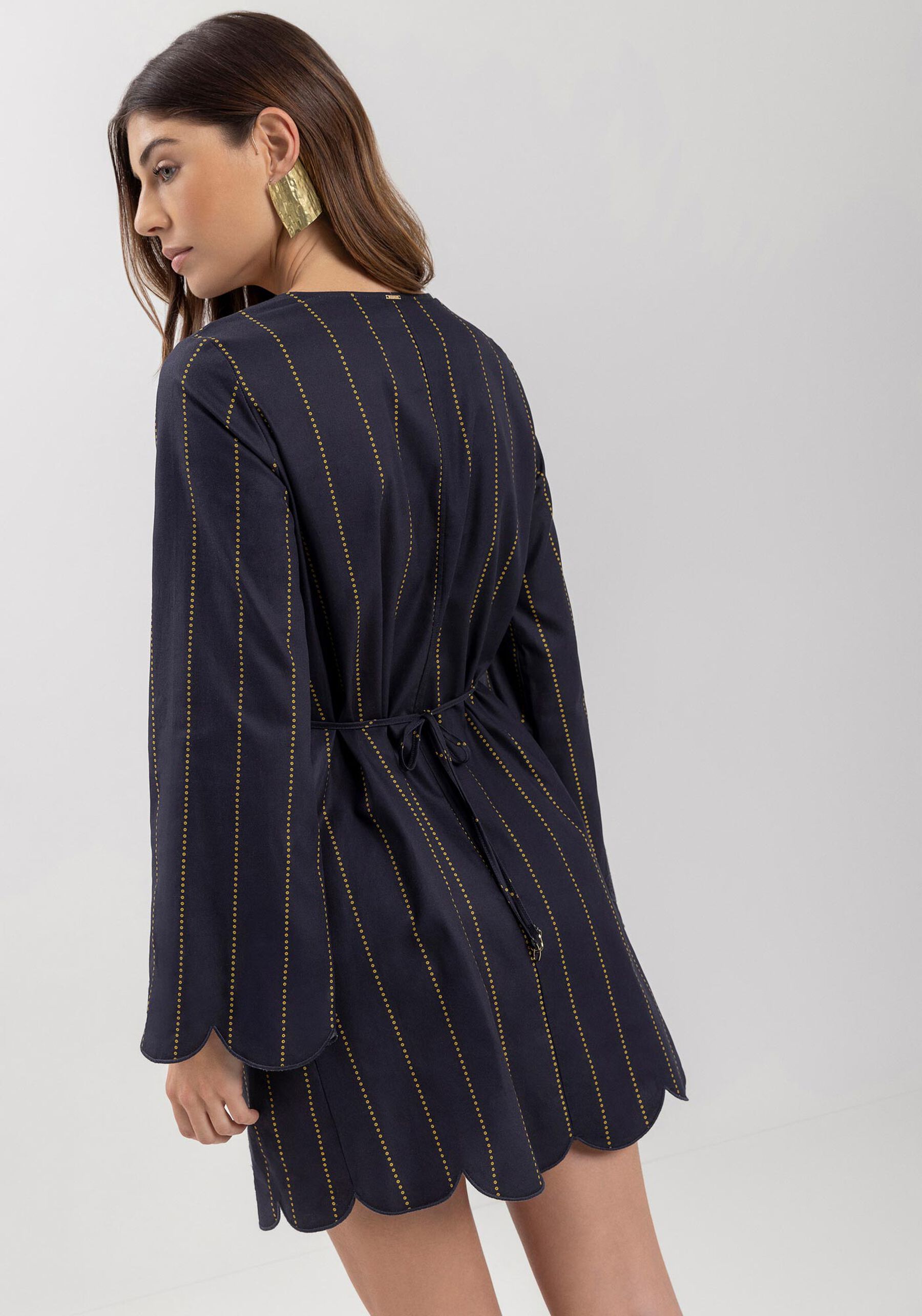 Vestido De Mangas longas Estampado Com Amarração Na Cintura, . Vestido De Mangas longas Estampado Com Amarração Na Cintura, , large.