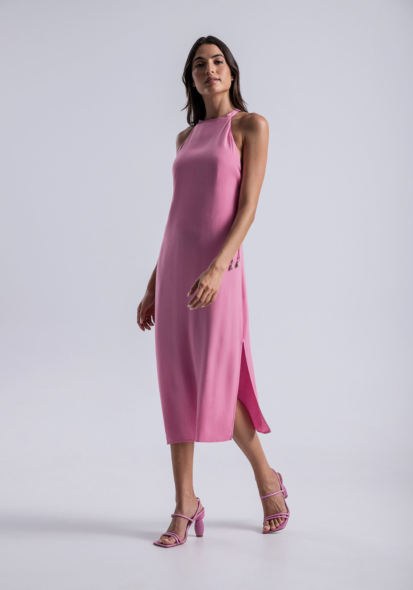 Vestido Midi em Viscose com Amarra&ccedil;&atilde;o Lateral, ROSA FABULOUS, large.