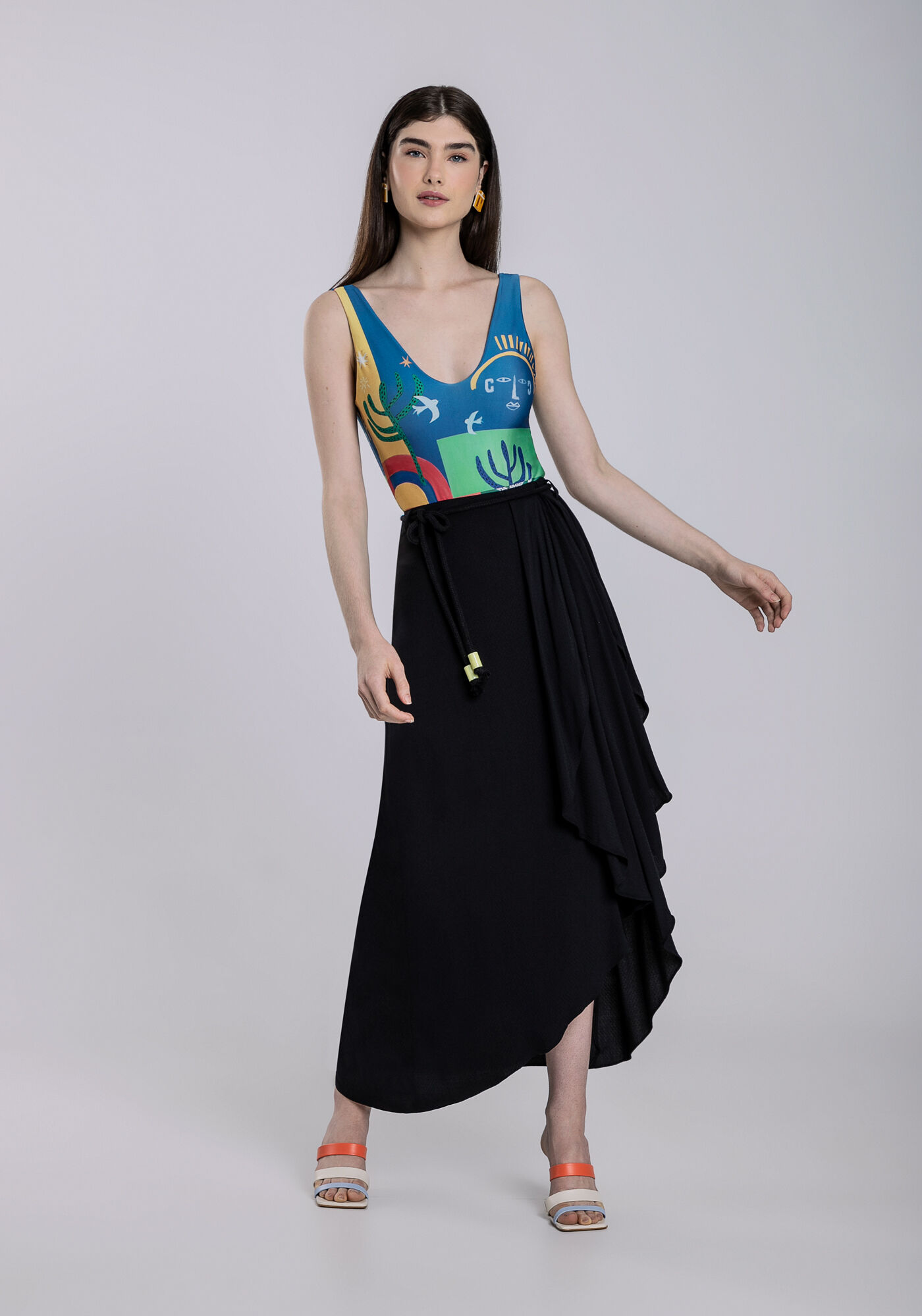 Saia Midi Viscose com Babado Fenda, , large.