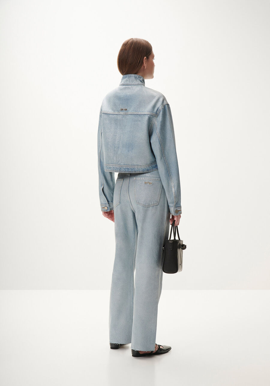 Jaqueta Jeans Cropped com Gola Alta, JEANS. Jaqueta Jeans Cropped com Gola Alta, JEANS, large.