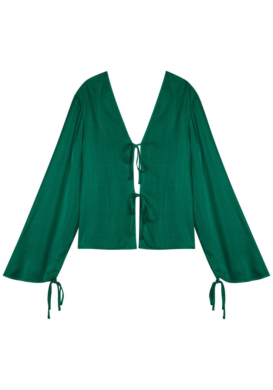 Blusa De Mangas Longas Em Viscose Com Amarrações Frontais, . Blusa De Mangas Longas Em Viscose Com Amarrações Frontais, , large.