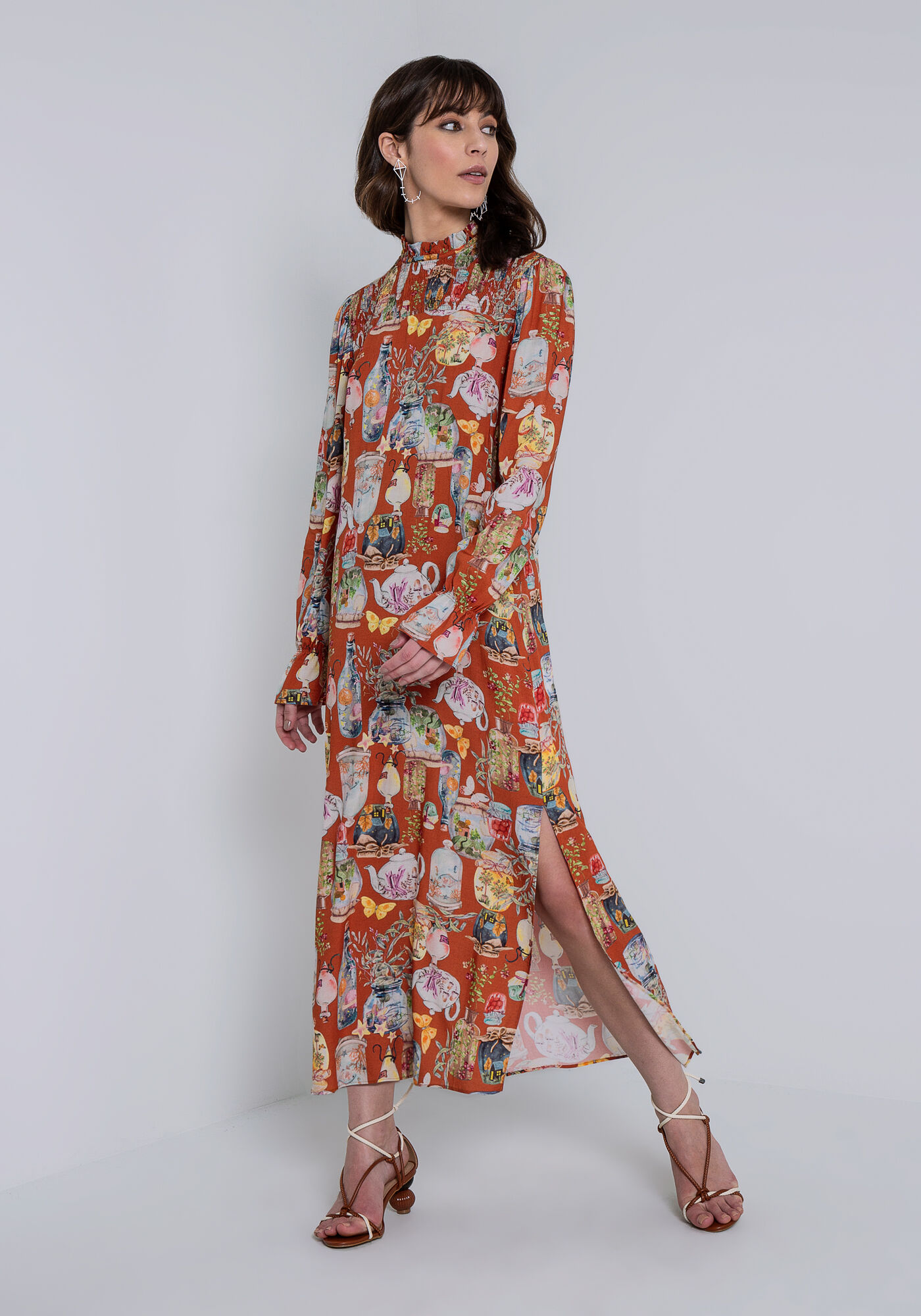 Vestido Midi Estampado com Lastex Cinto, , large.