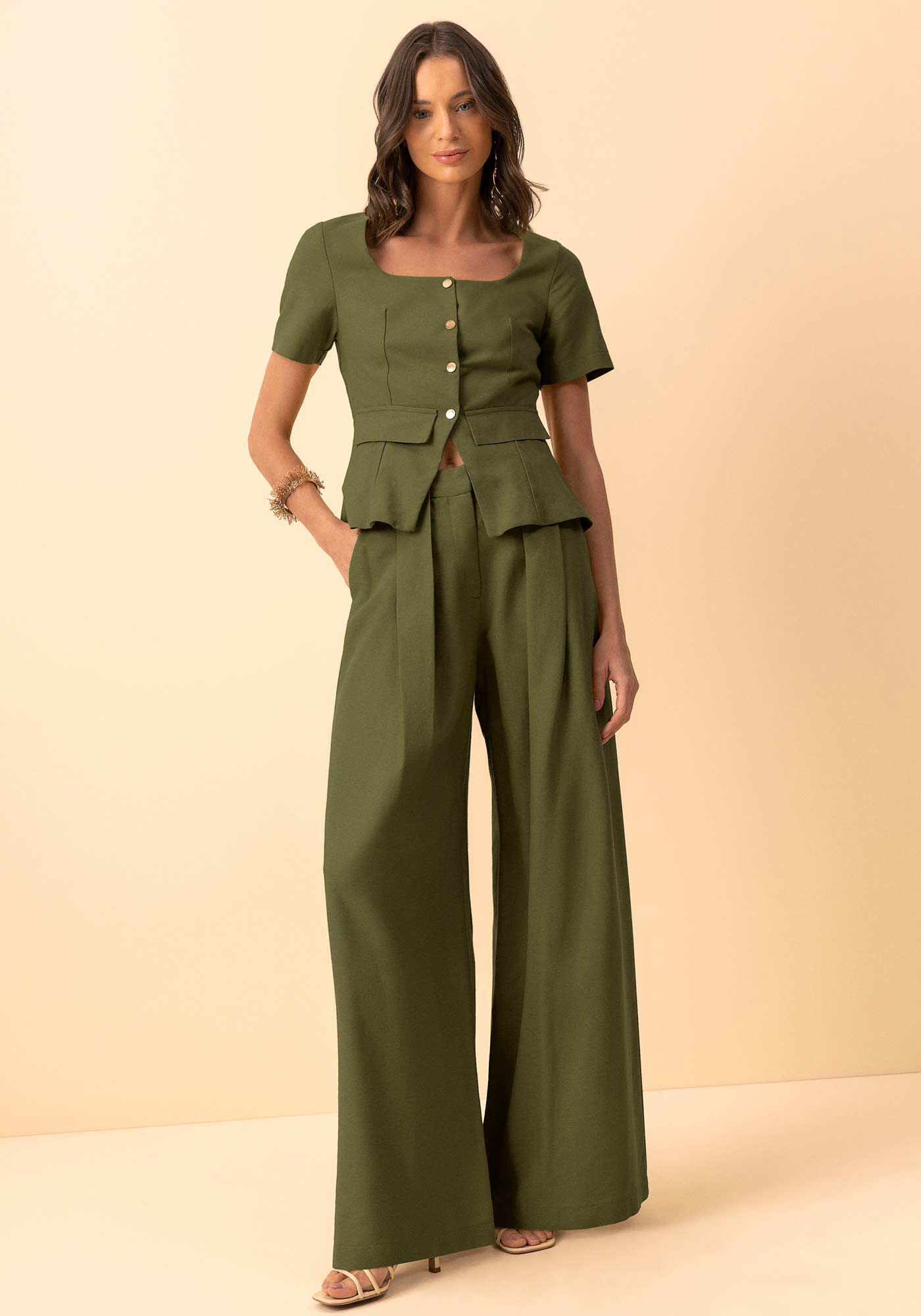 Cal&ccedil;a Pantalona De Cintura Alta Com Pregas, VERDE FLORENA, large.