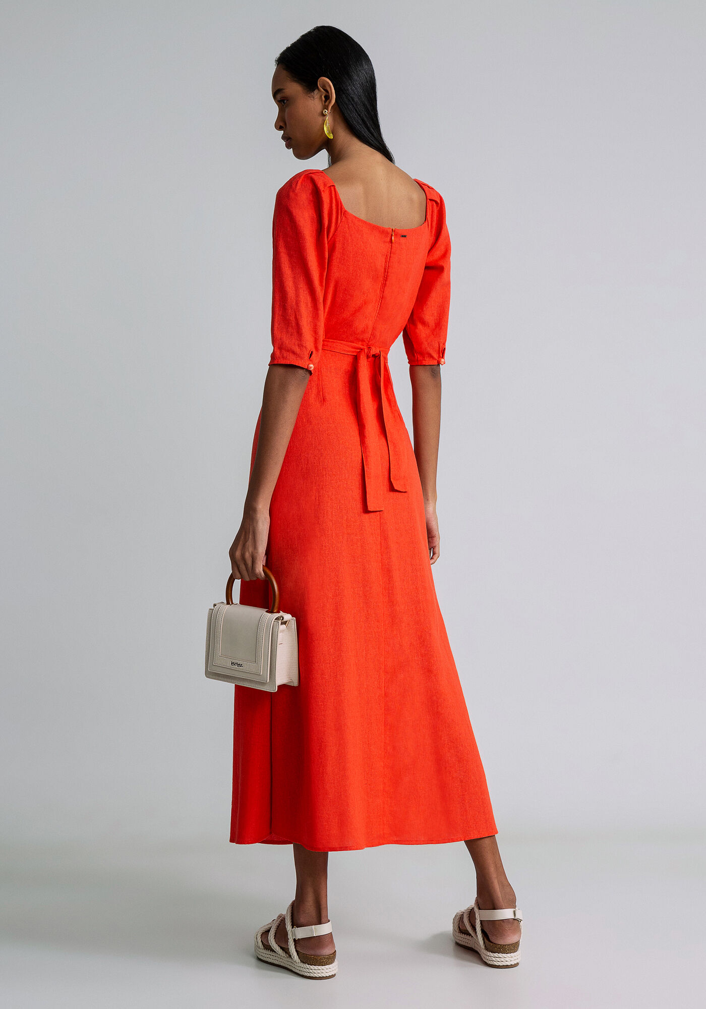 Vestido Mini Recorte Cintura Linho, LARANJA ESSENCE, large.