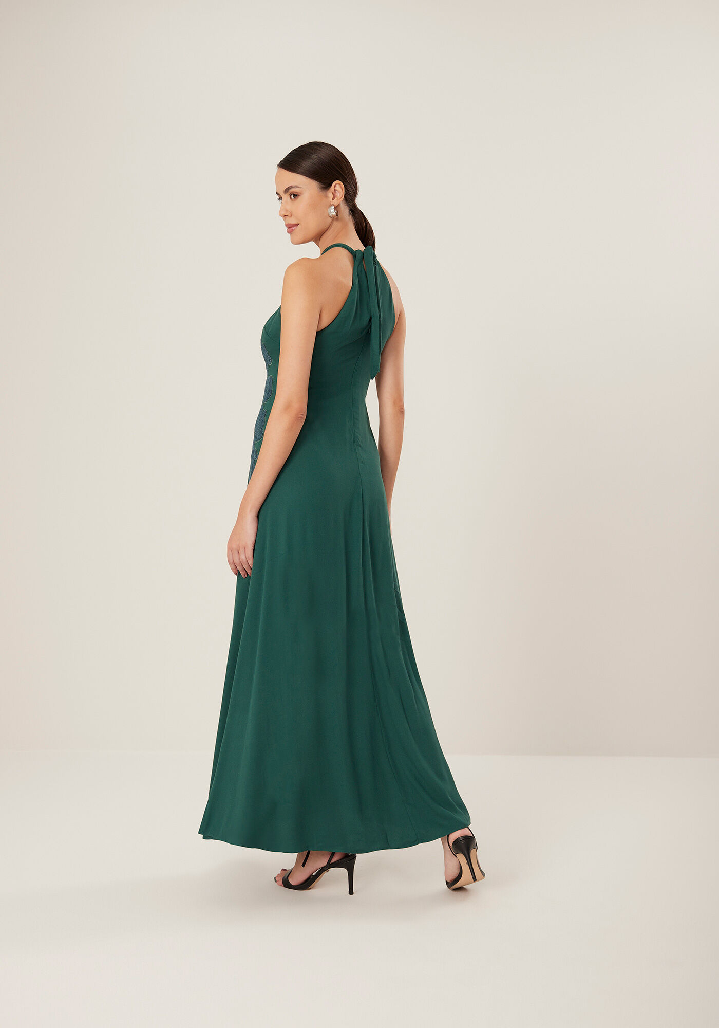 Vestido Longo Com Bordados Frontais Em Crepe De Viscose, VERDE CERES, large.