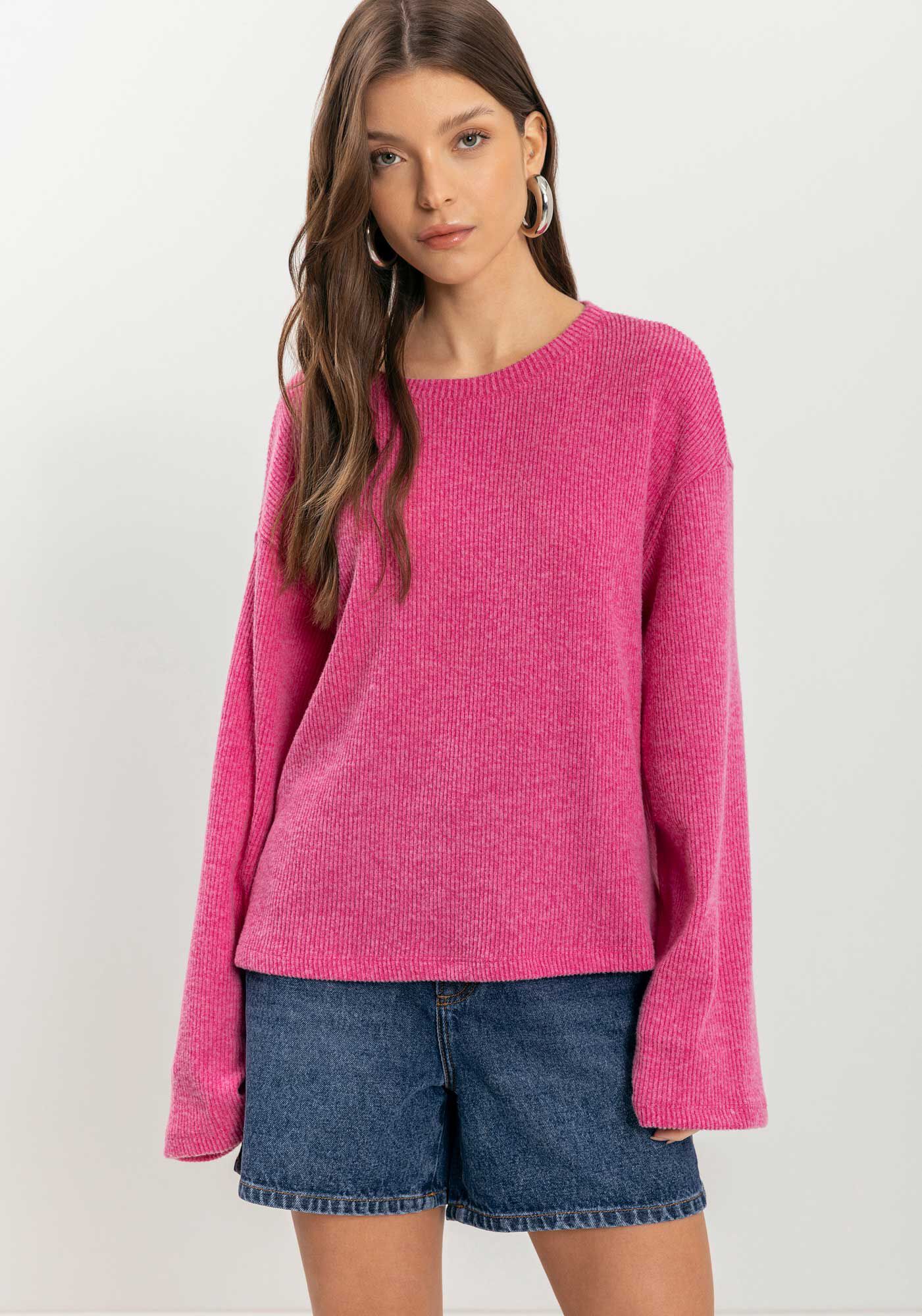 Blusa De Mangas Longas Em Malha Canelada Tric&ocirc;, , large.