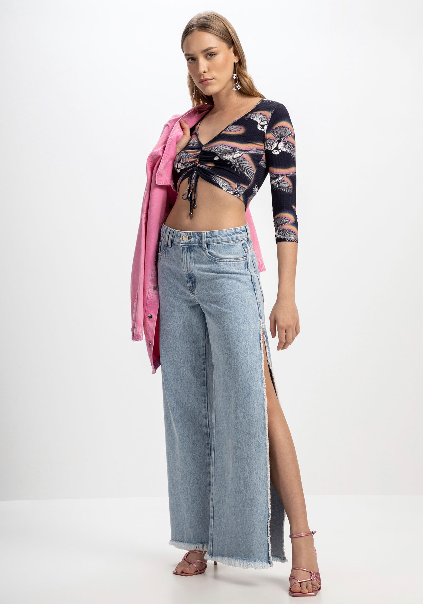 Blusa Manga 3/4 Canelada Estampada com Amarra&ccedil;&atilde;o, , large.