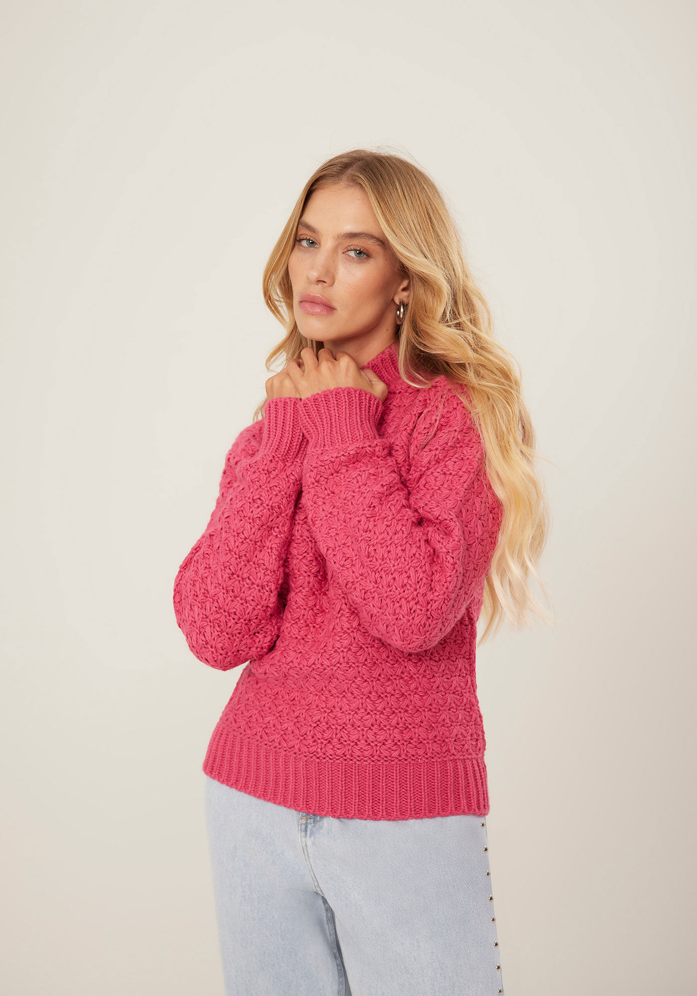 Blus&atilde;o Manga Longa em Tric&ocirc; com Textura, ROSA CARACAS, large.