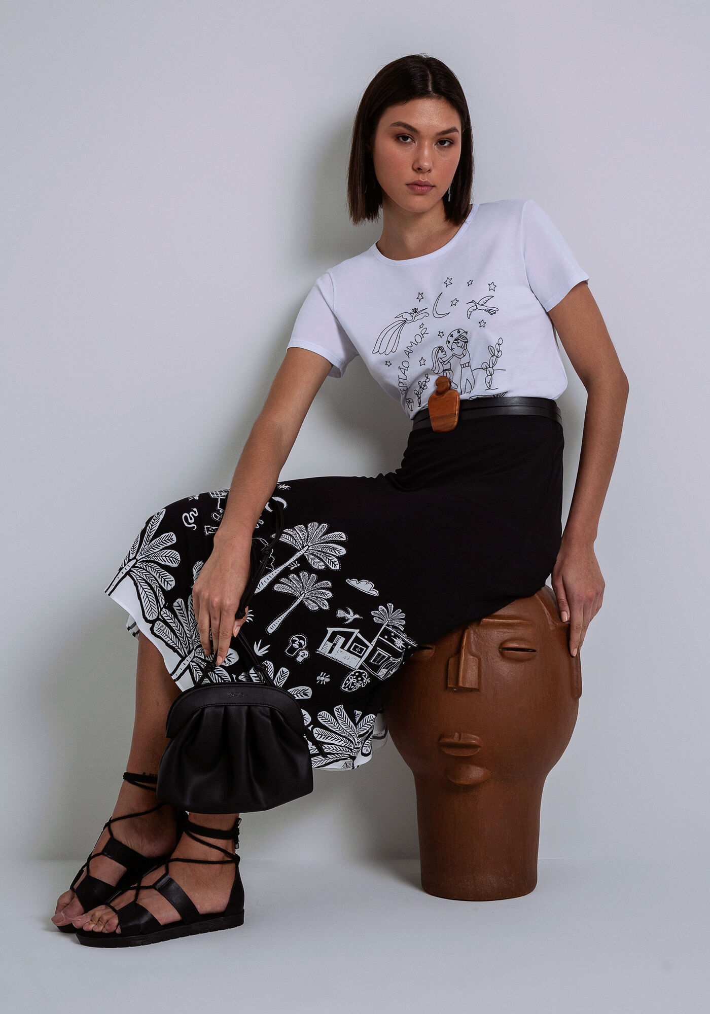 Saia Midi em Viscose Evas&ecirc;, XILOGRAVURA, large.