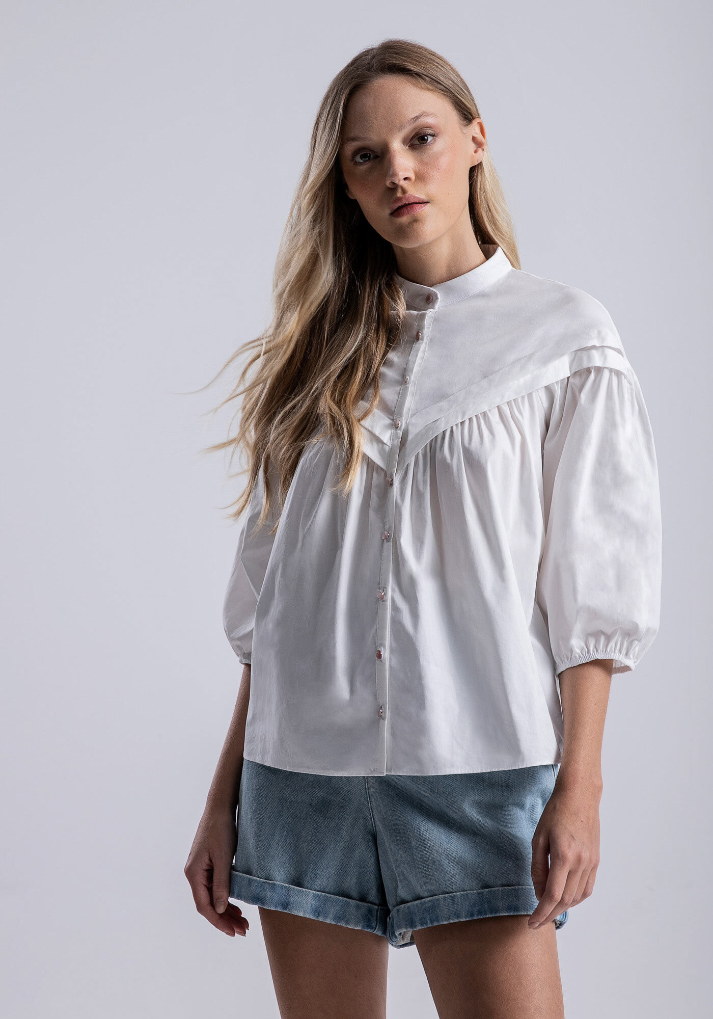 Camisa Manga Bufante em Tricoline com Nervuras, , large.