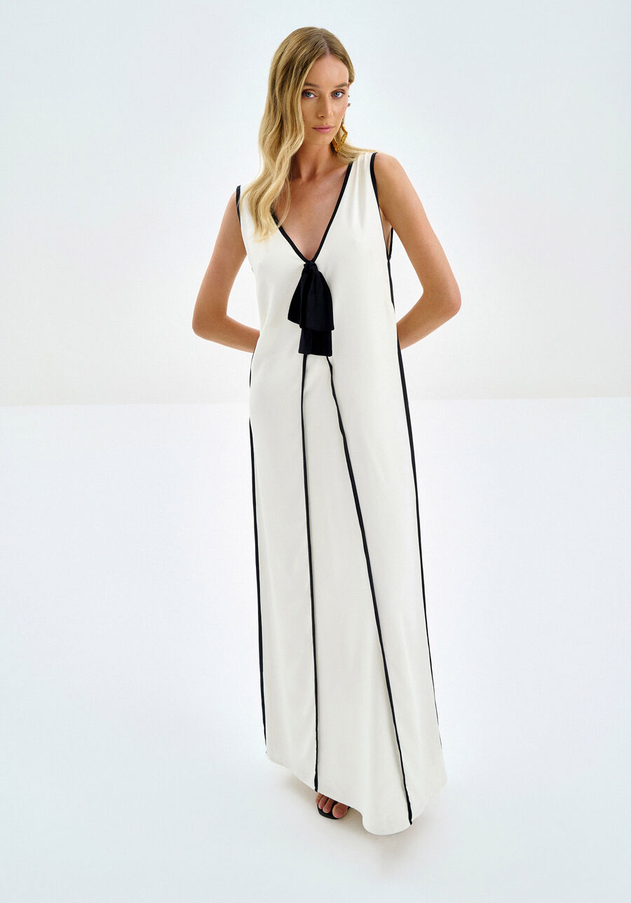 Vestido Longo Bicolor em Crepe com Laço, BRANCO OFF WHITE. Vestido Longo Bicolor em Crepe com Laço, BRANCO OFF WHITE, large.