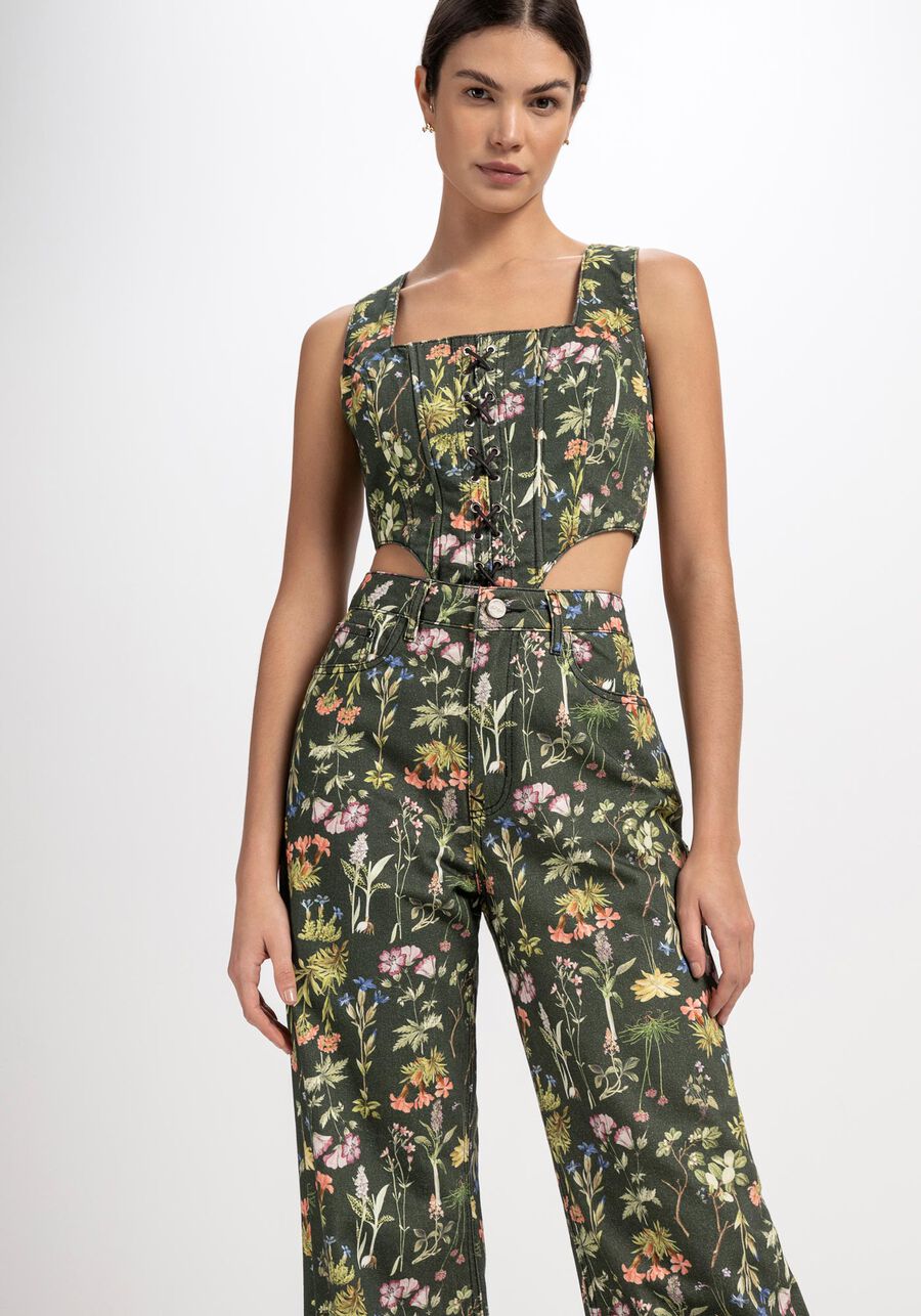 Calça Sarja Wide Leg com Estampa Floral, . Calça Sarja Wide Leg com Estampa Floral, , large.