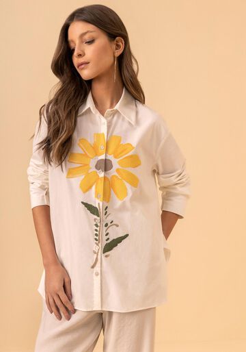 Camisa De Mangas Longas Em Algodão Com Maxi Bordado, BRANCO OFF WHITE. Camisa De Mangas Longas Em Algodão Com Maxi Bordado, BRANCO OFF WHITE, large.