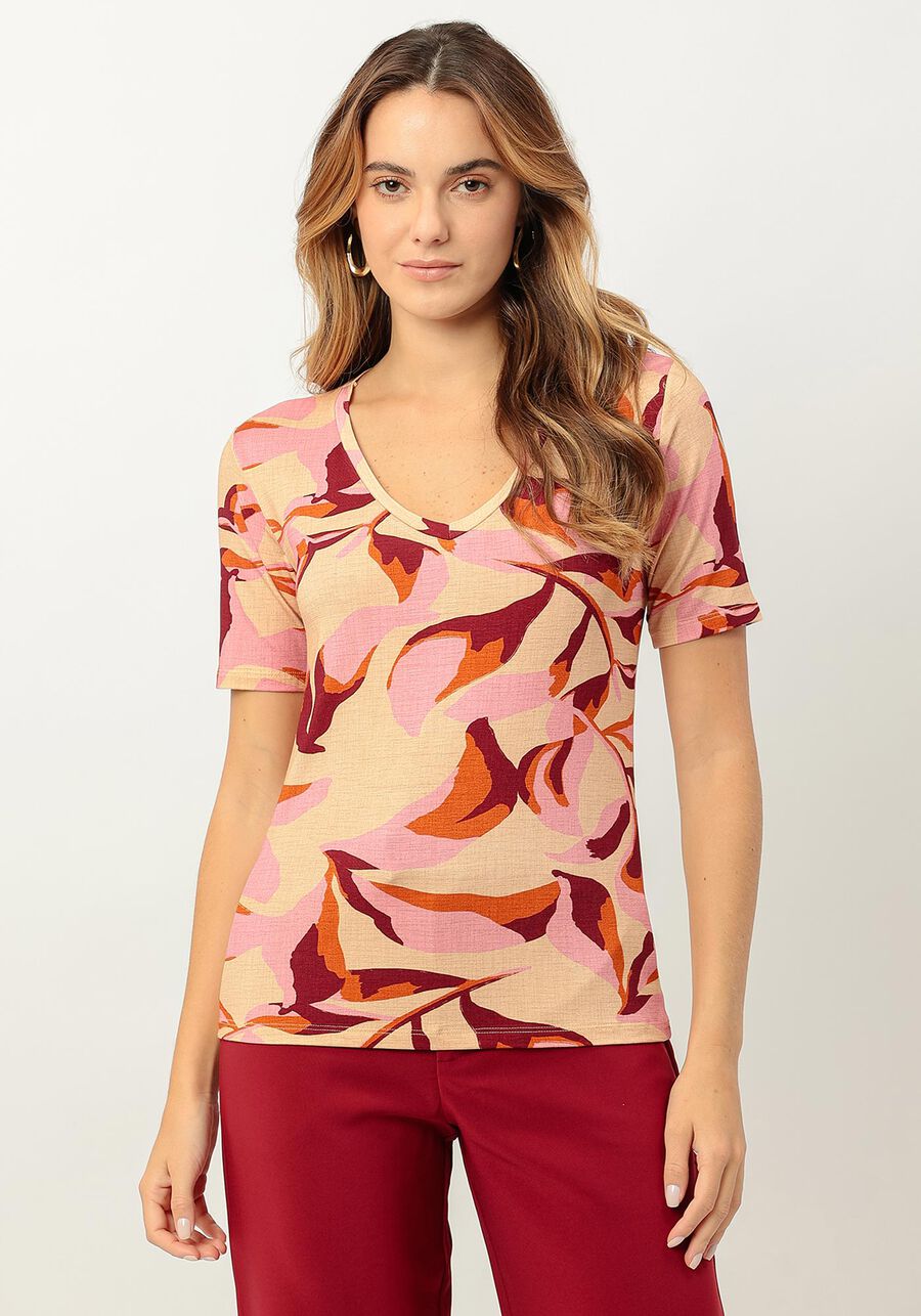 Blusa Estampada em Malha Viscose com Decote V, . Blusa Estampada em Malha Viscose com Decote V, , large.