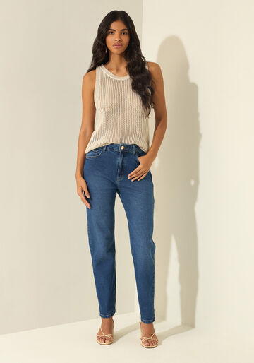 Calça Jeans Mom Com Cintura Alta E Elastano, JEANS ESCURO. Calça Jeans Mom Com Cintura Alta E Elastano, JEANS ESCURO, large.